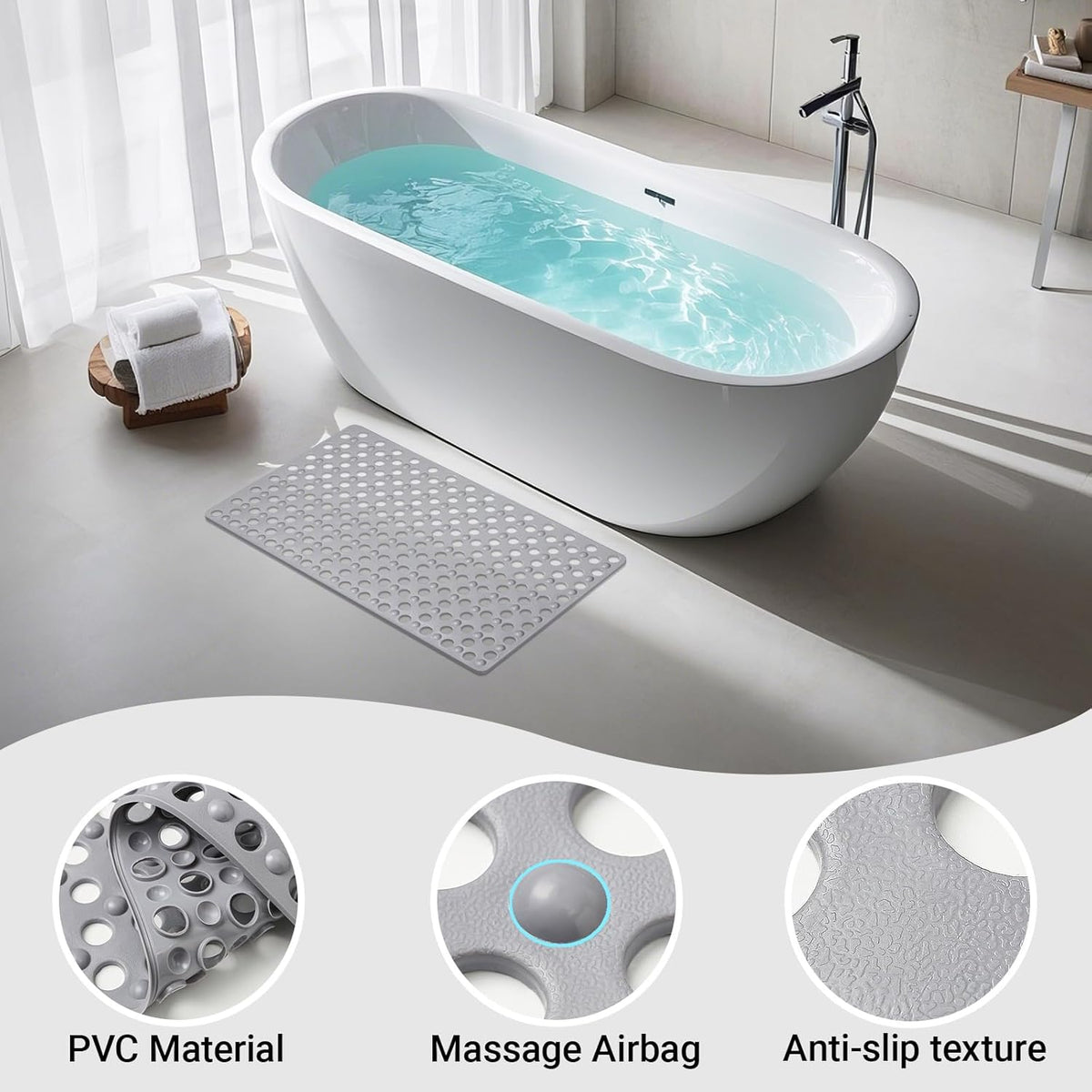 Non Slip Bathtub Mat and Shower Mat 31x17 inch,Bath Mat with Quick Dry Drain Holes and Suction
