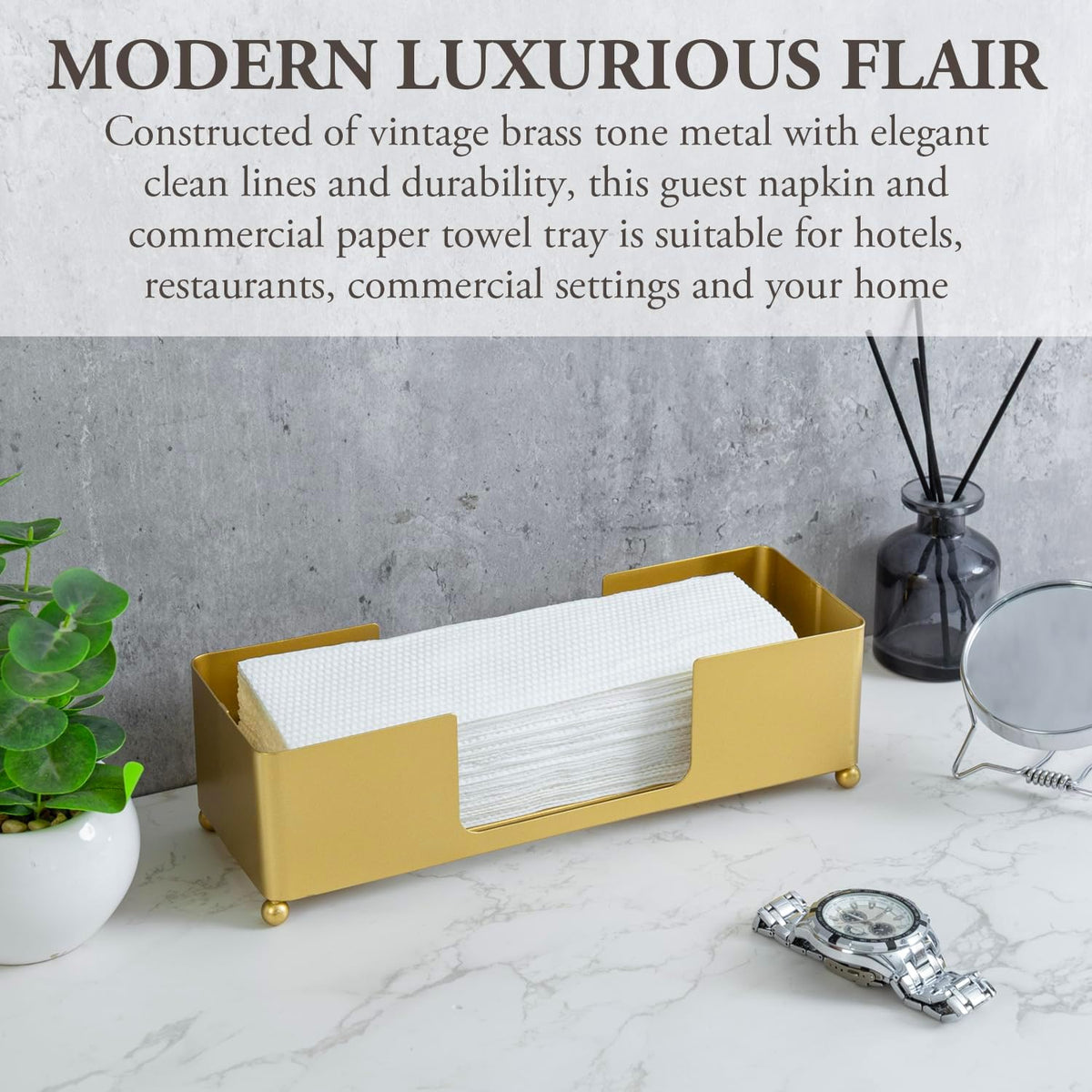 MyGift Modern Brass Tone Metal Tabletop Folded Hand Towel Holder, Commercial Countertop Tissue
