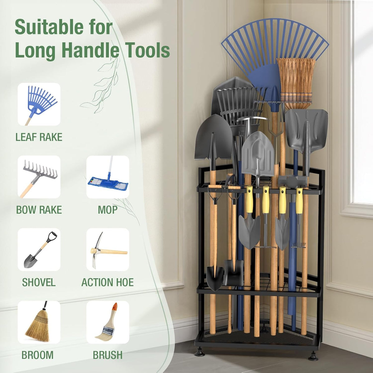 Garden Tool Organizer for Corner,Metal Yard Tool Organizer for Long-Handled Tools/Rakes/Brooms,Side