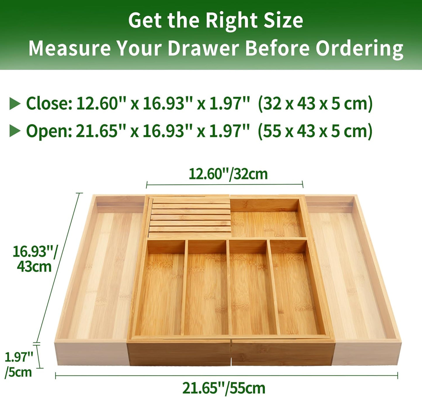 VaeFae Bamboo Silverware Drawer Organizer Kitchen, Expandable Utensil Organizer with Knife Block