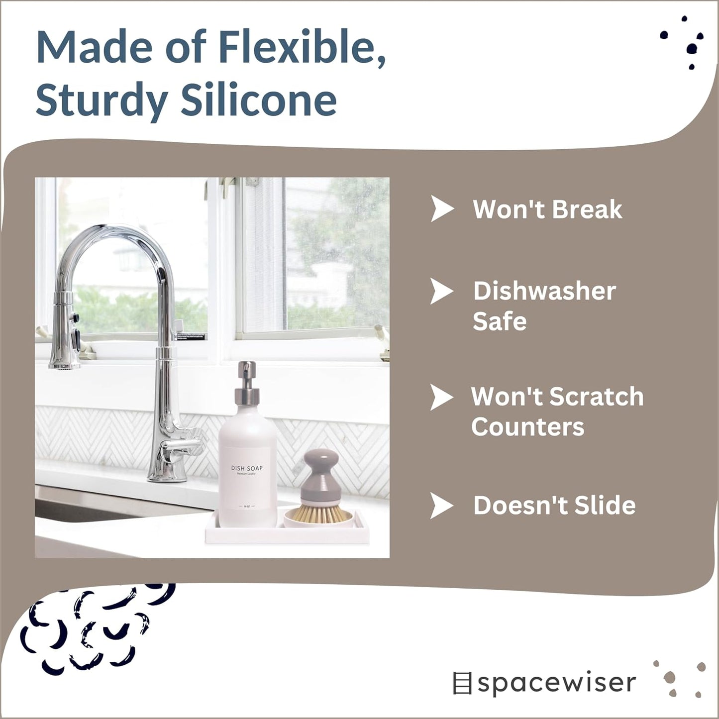 Countertop and Vanity Tray - Small 7.7” Silicone Tray for Soap Dispenser, Bathroom Trays, Dish Soap