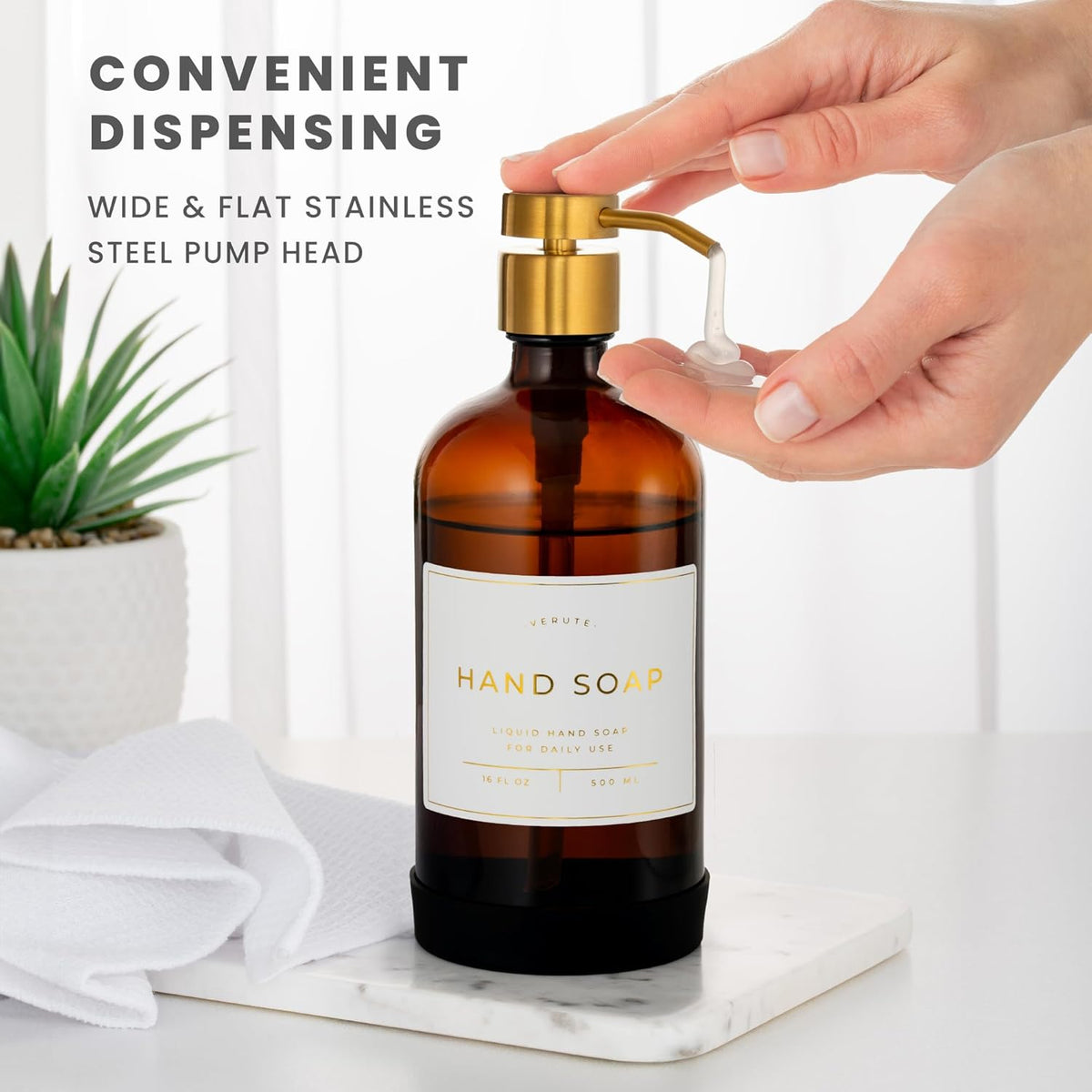 16oz Glass Soap Dispenser with Stainless Steel Pump, 21 Waterproof Labels, Non-Slip Protective