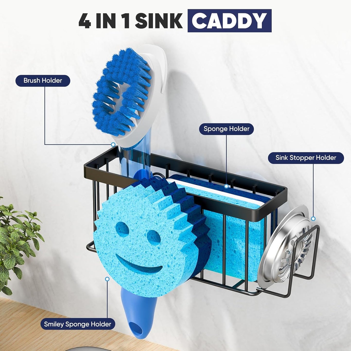 Sponge Holder for Kitchen Sink,Sink Caddy Smiley Face,4-in-1 Sponge Holder with Suction Cups & 1
