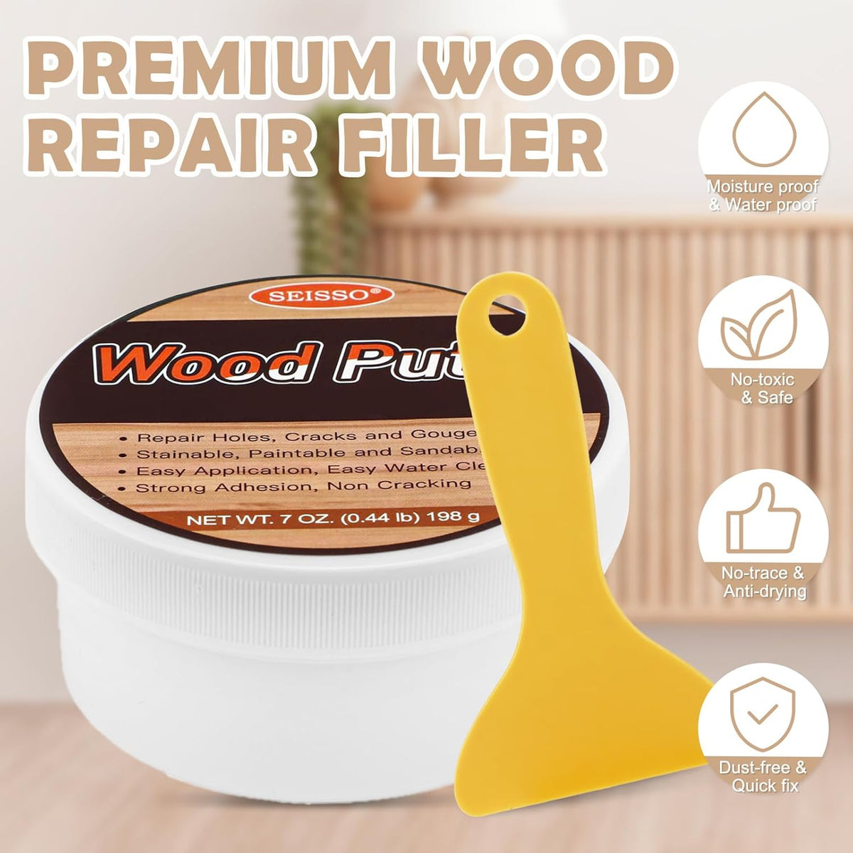 SEISSO Wood Putty, Golden Oak Wood Filler Paintable, Wood Putty Outdoor Waterproof, Wood Repair