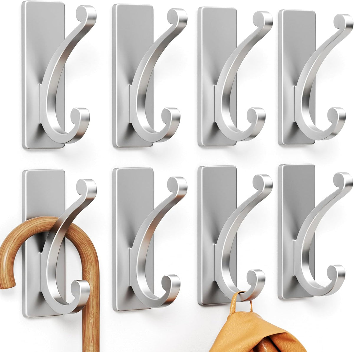 8-Pack Adhesive Wall Hook for Towel/Coat - Extra Sticky 10LB Stainless, Stick on Hanger for Bath or