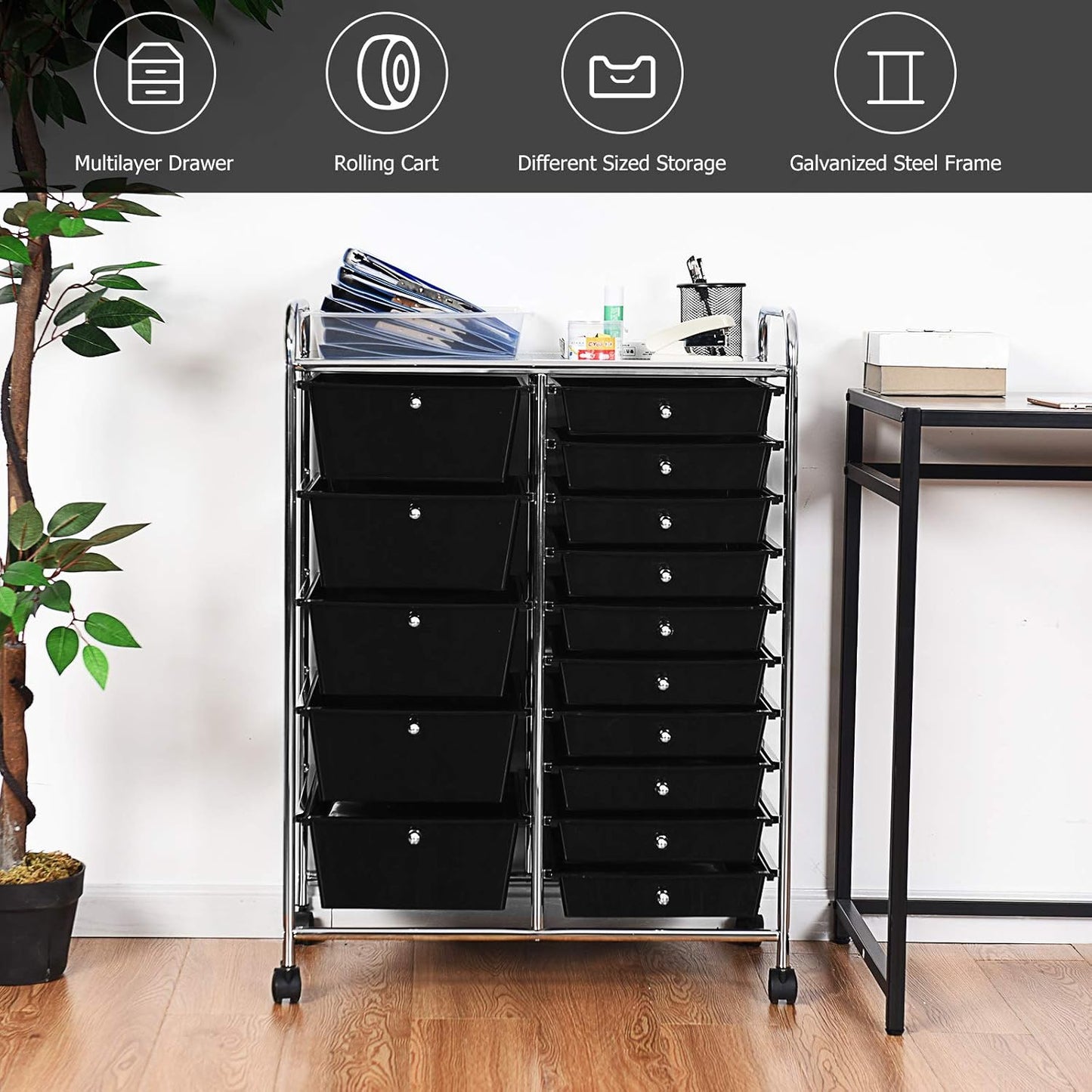 GOFLAME 15-Drawer Rolling Storage Cart, Multipurpose Movable Organizer, Utility Cart for Home