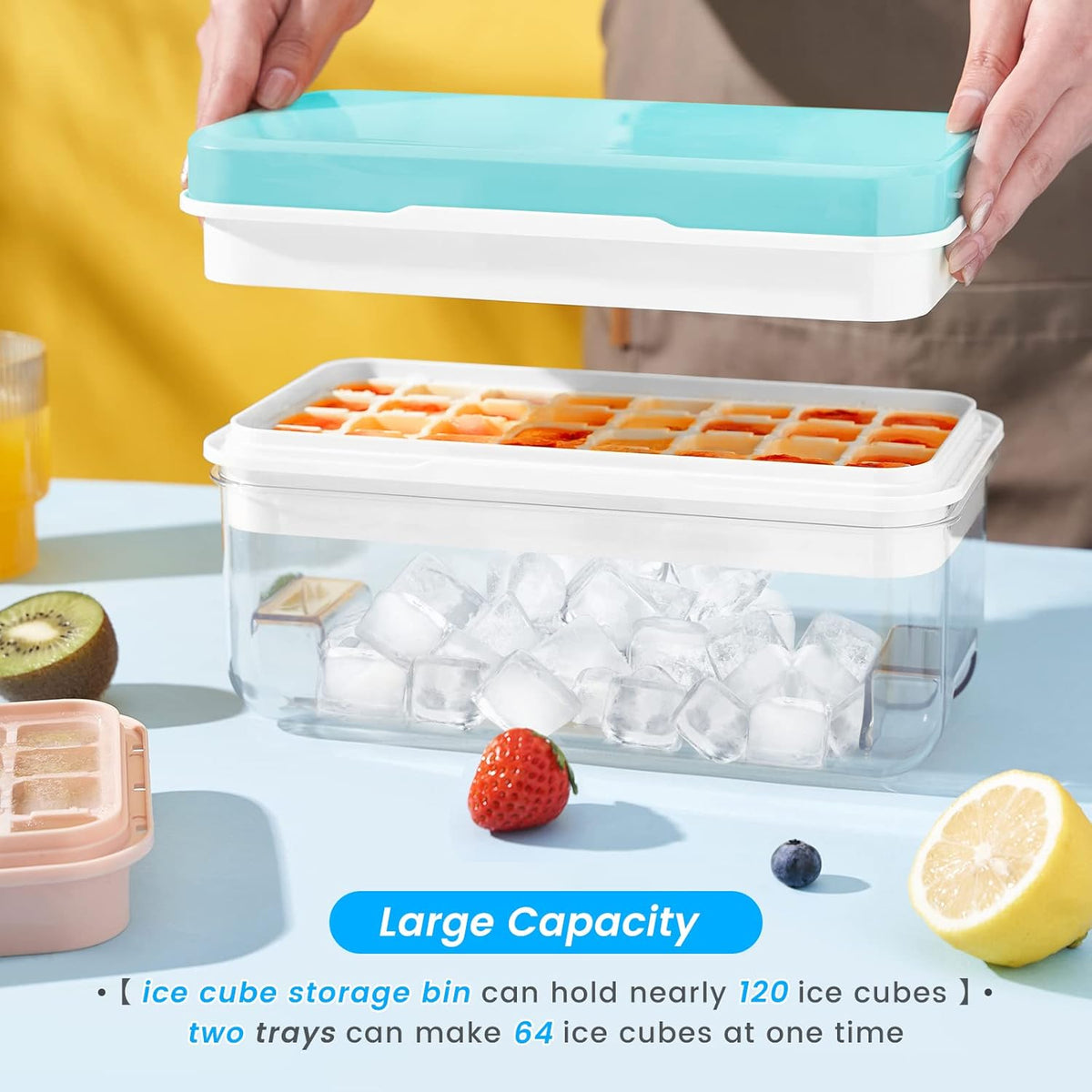 Ice Cube Tray with Lid and Bin, PHINOX 64 pcs Ice Trays for Freezer, Ice Cube Trays for Freezer