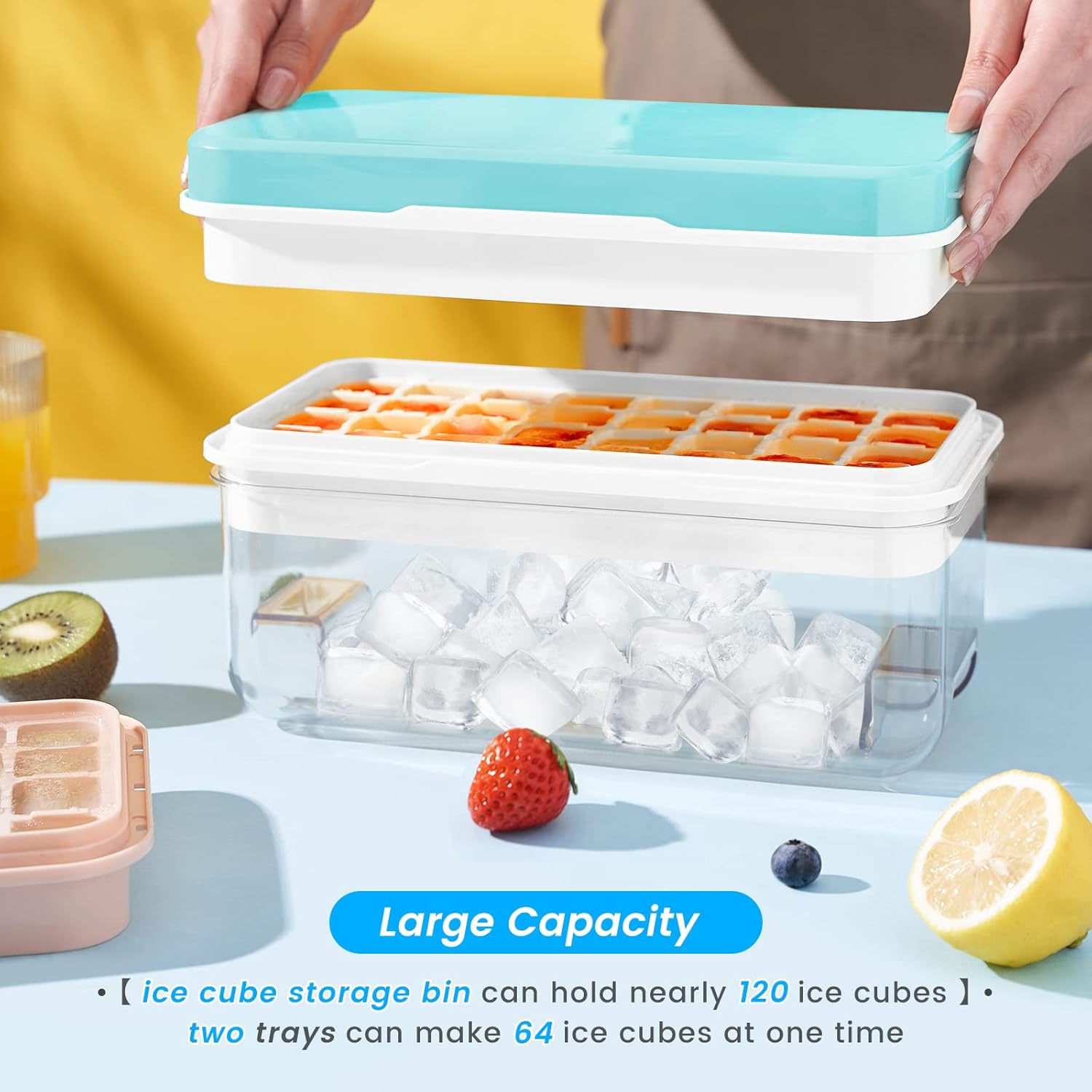 Ice Cube Tray with Lid and Bin, PHINOX 64 pcs Ice Trays for Freezer, Ice Cube Trays for Freezer
