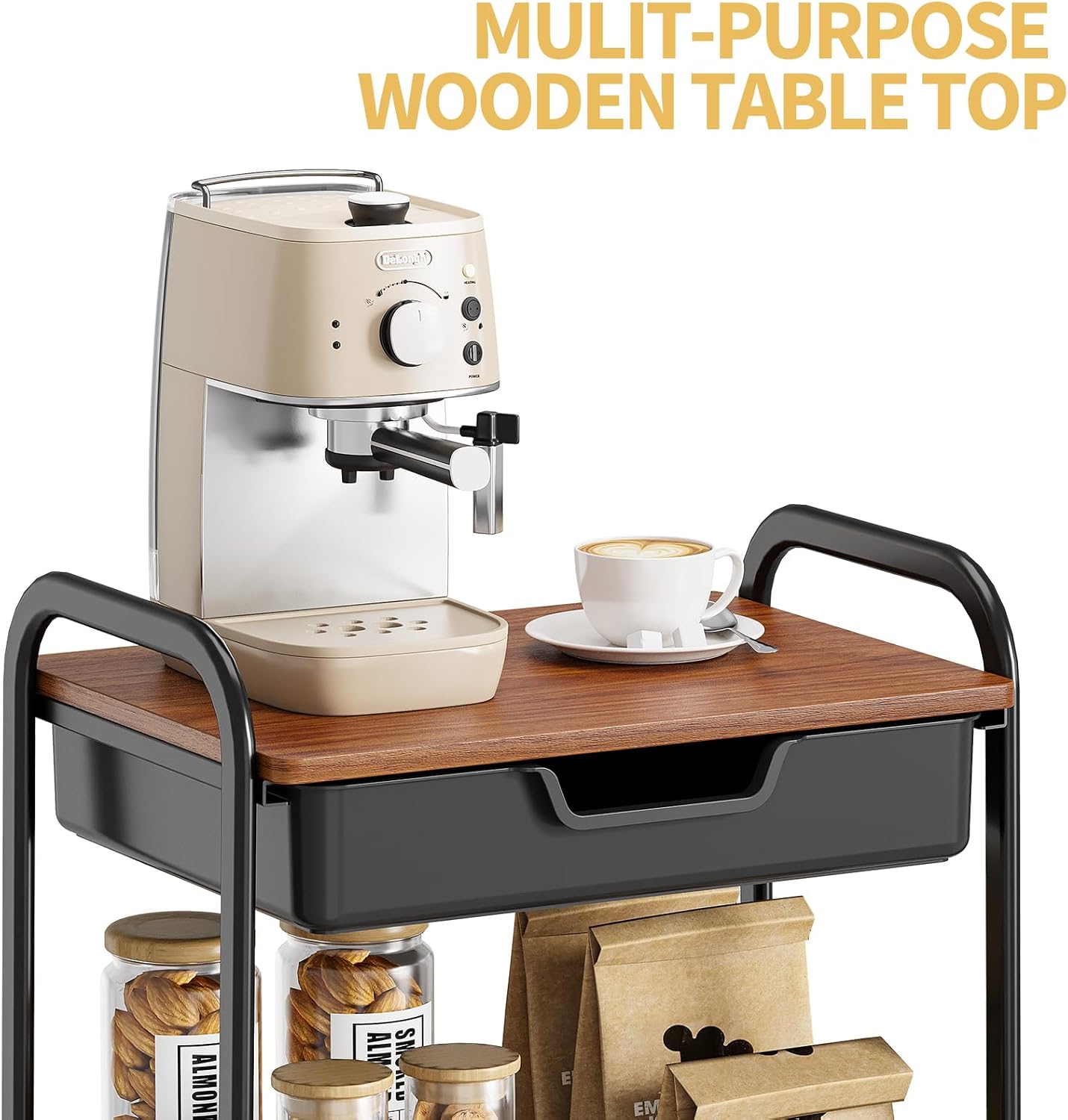 TOOLF 3-Tier Utility Rolling Cart with Wooden Board and Drawer, Metal Storage Cart with Handle