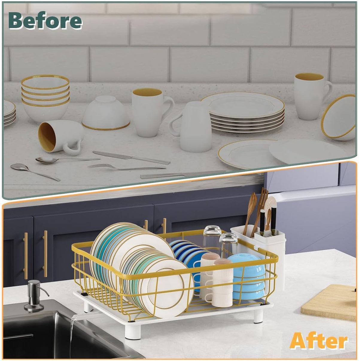 Iron Dish Drying Rack with Drainboard Dish Drainers for Kitchen Counter Extendable Spout Strainers