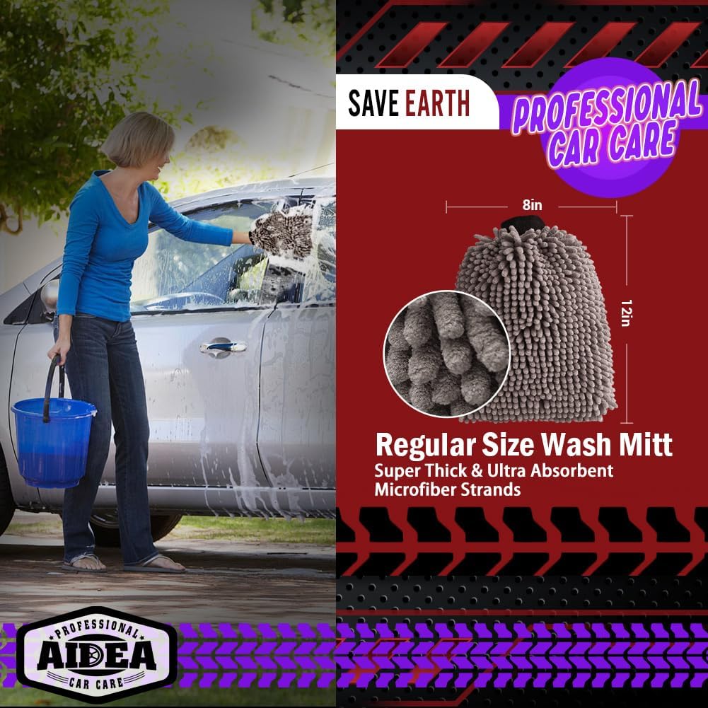 AIDEA Car Wash Mitt Microfiber-2Pack, Scratch-Free& Lint-Free, Premium Chenille Microfiber Wash