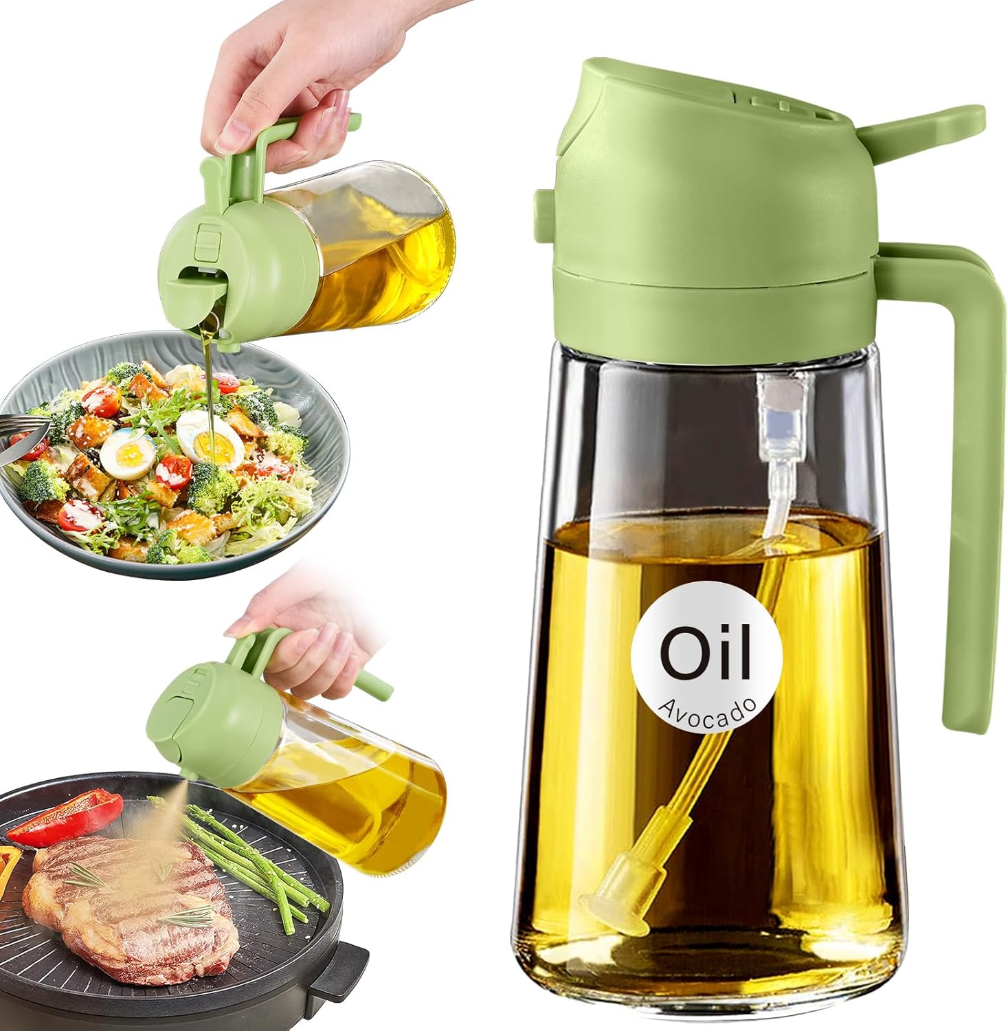 YARRAMATE 16oz/470ml Glass Olive Oil Sprayer for Cooking with Stickers, 2 in 1 Oil Dispenser for