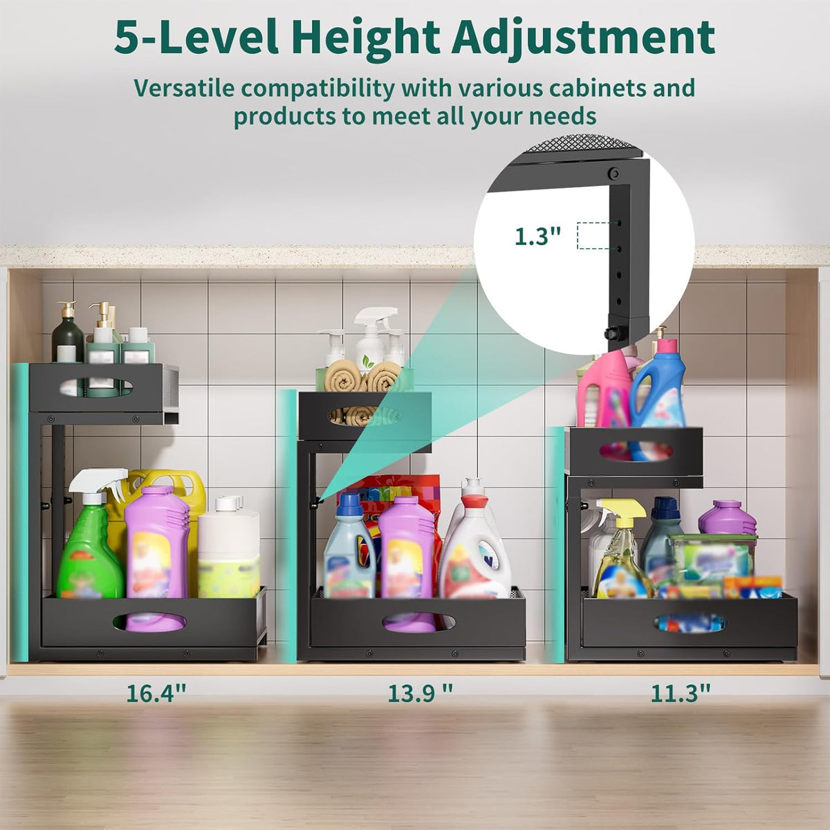 Under Sink Organizer, Extra-Wide Upgrade, 1-Pack of 2-Tier Metal Slide Out Cabinet Organizer