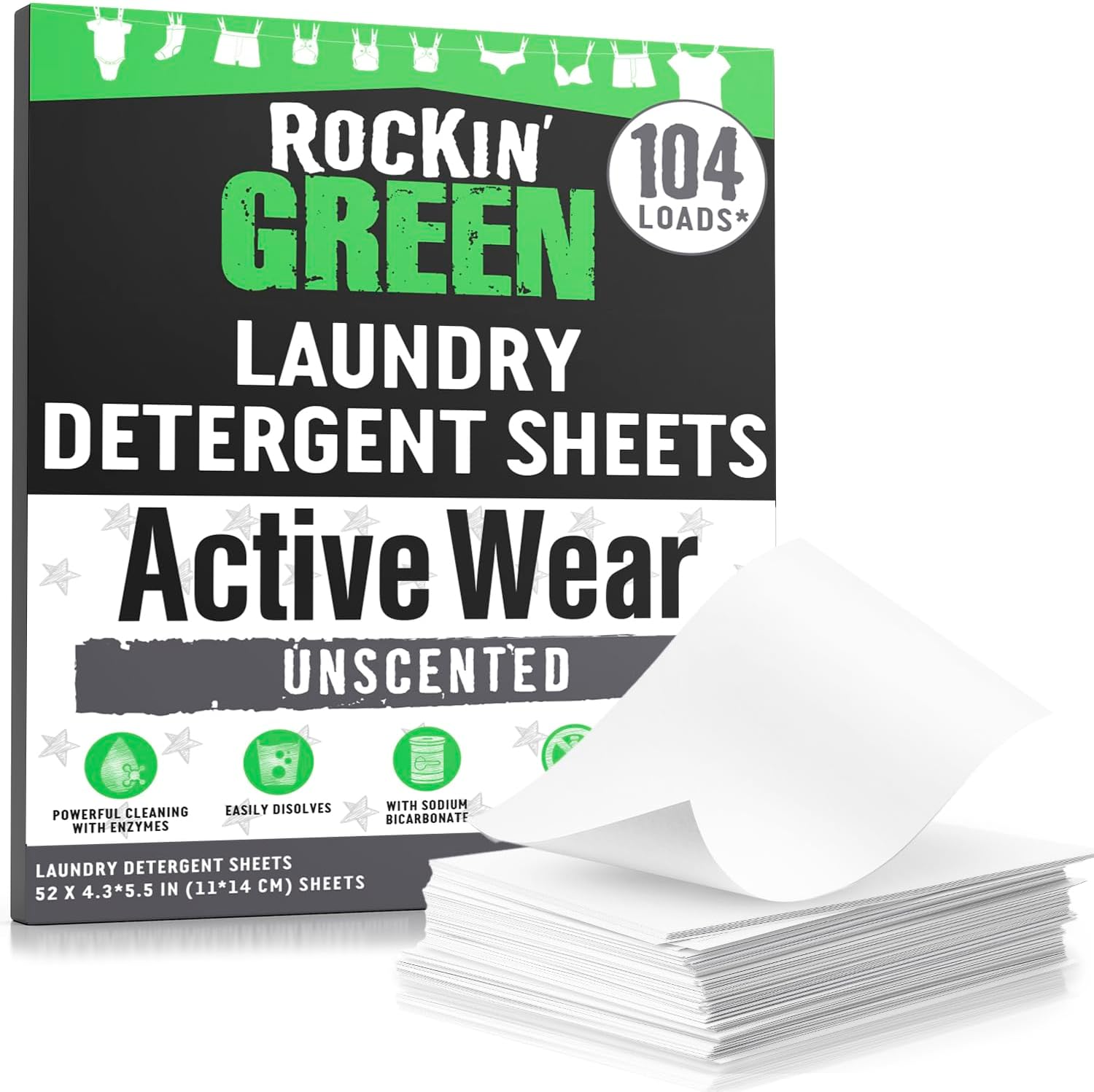 Rockin' Green Active Wear Travel Laundry Detergent Sheets Unscented - Mess-Free Laundry Sheets