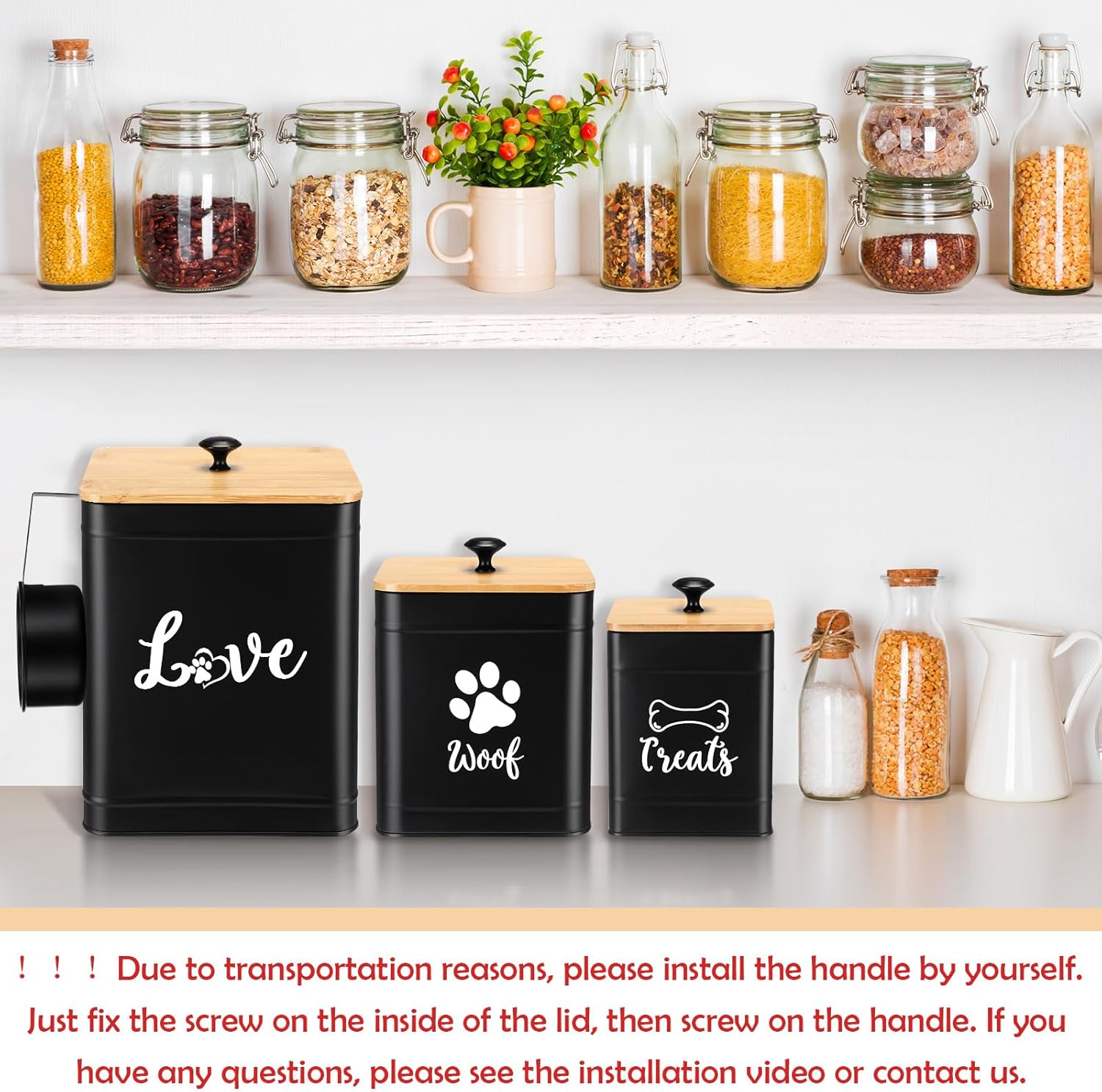 Metal Dog Treat Containers Set of 3 with Bamboo Lids and Spoon Airtight 7+3+2 lbs Dog Food Snack