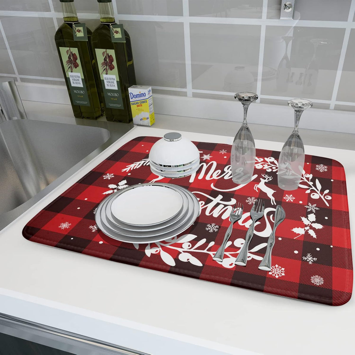 Merry Christmas Dish Drying Mat 18x24 Inch for Christmas Kitchen Counter Decor Absorbent Reversible