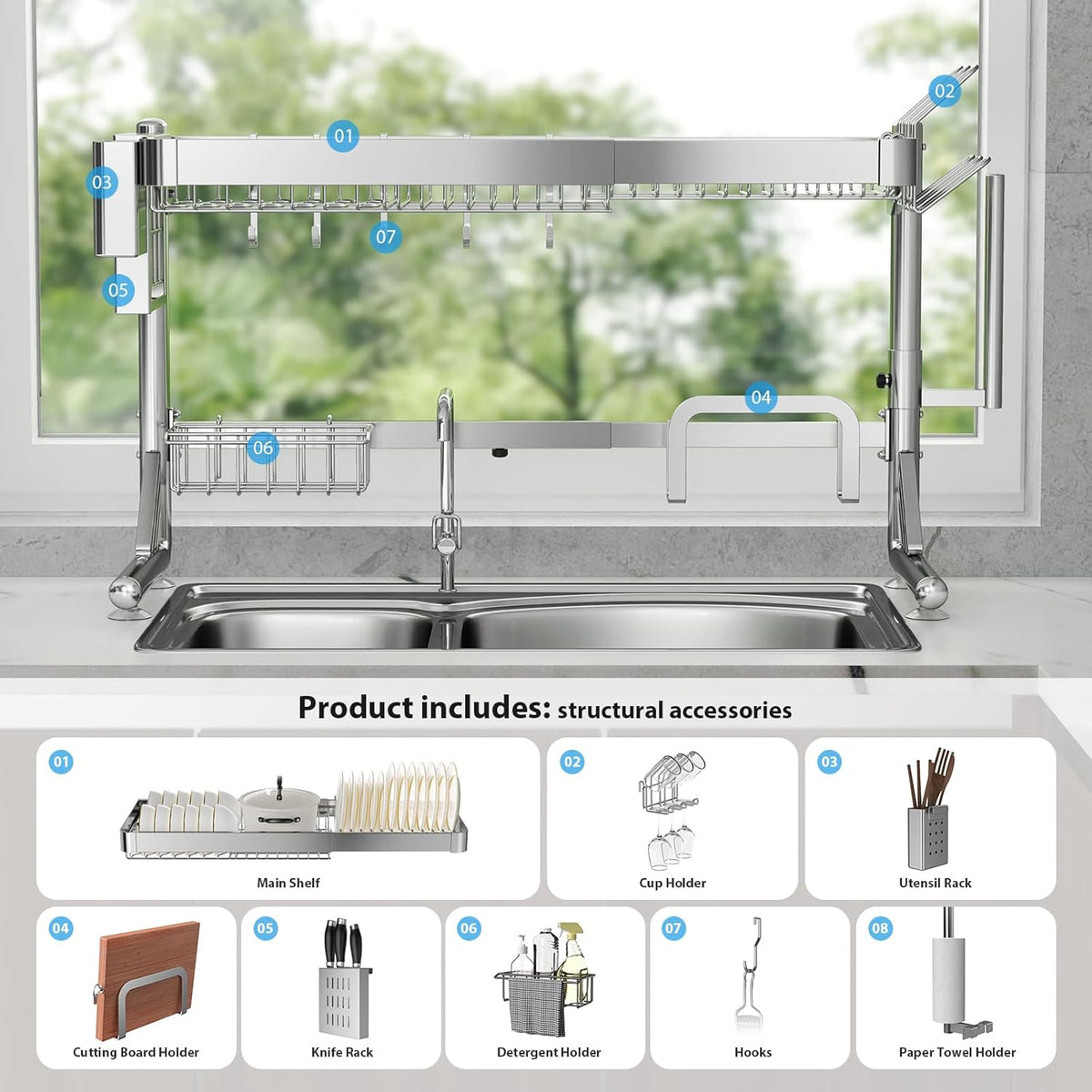 Over The Sink Dish Drainer Drying Rack, 2 Tier Adjustable Width (20.87'' to 37.6'') 304 Stainless