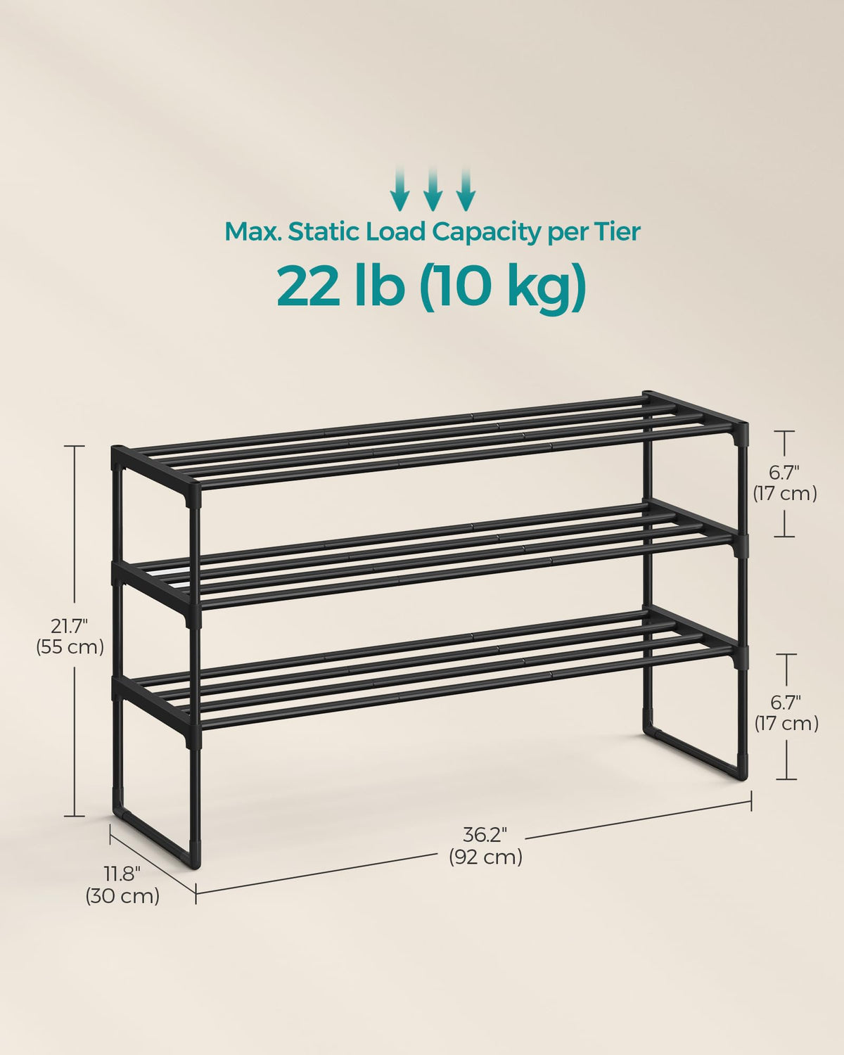 SONGMICS Shoe Rack, 3-Tier Shoe Organizer, Metal Storage Shelf, Upright or Upside Down, for 16-20