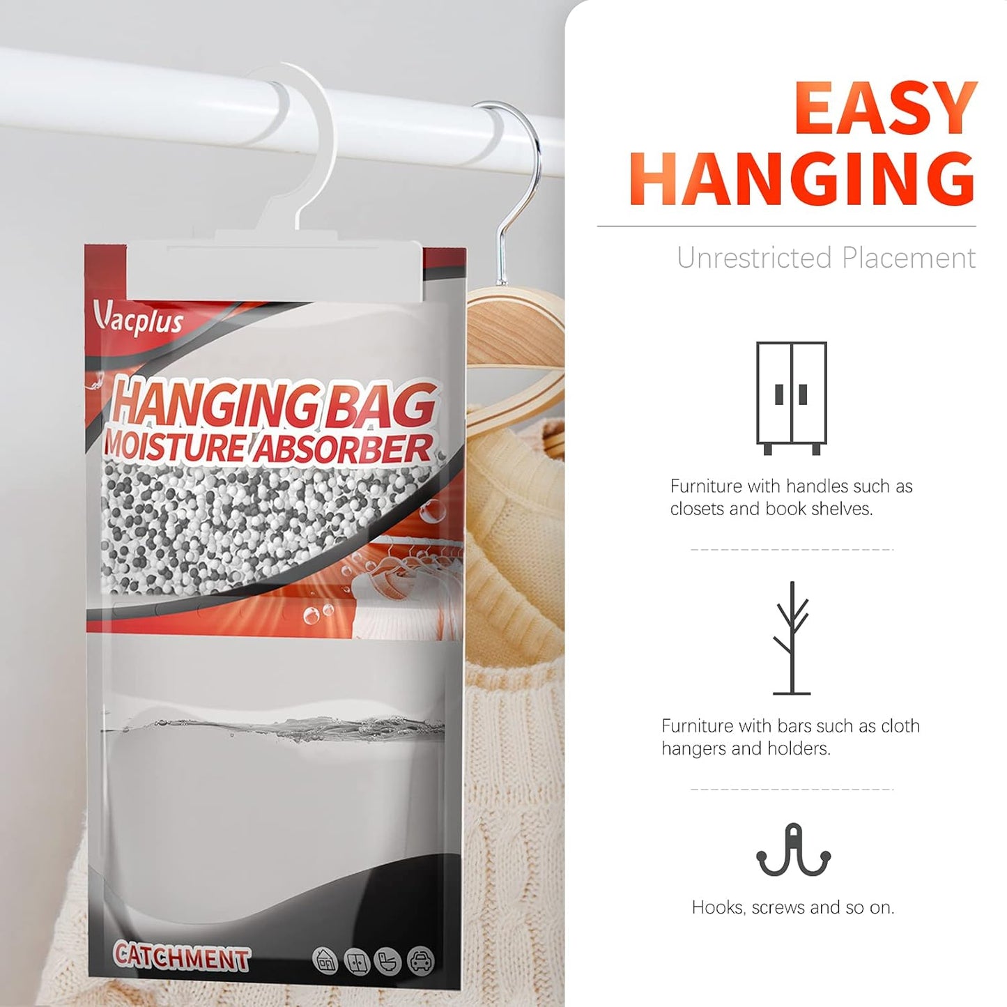 Vacplus Moisture Absorbers, Hanging Closet Dehumidifier Bags, Humidity Packs, Desiccant, Closet
