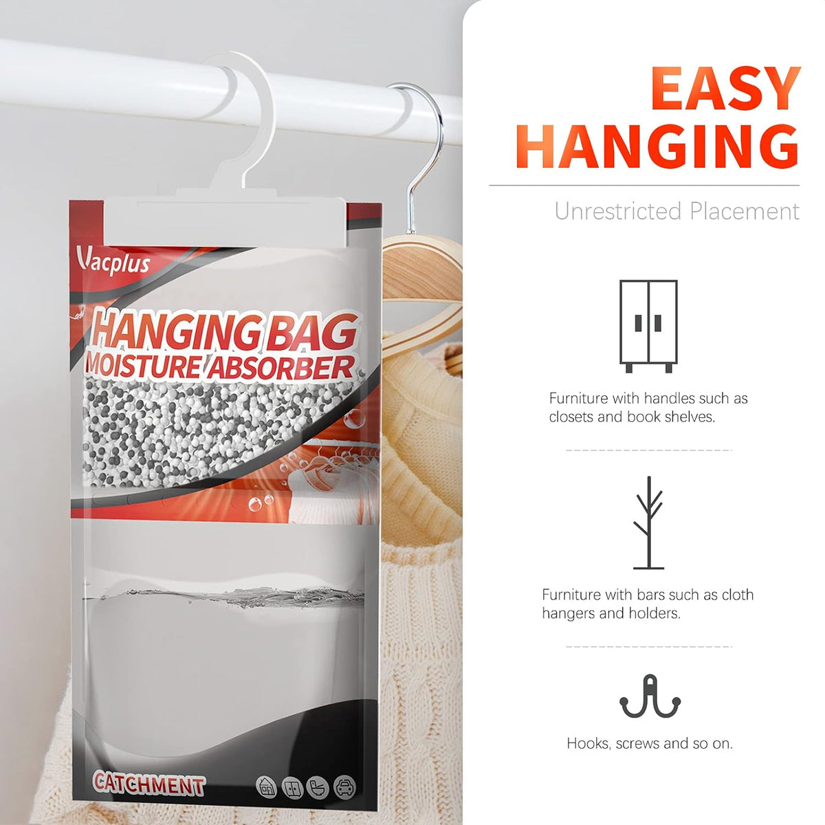 Vacplus Moisture Absorbers, Hanging Closet Dehumidifier Bags, Humidity Packs, Desiccant, Closet