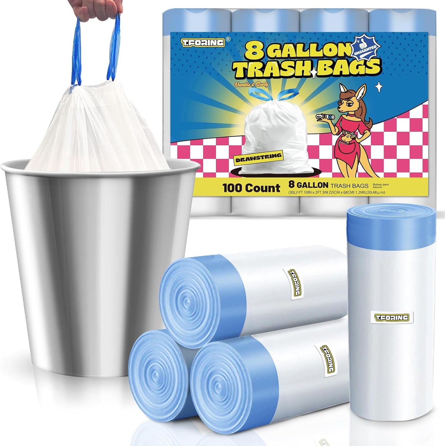 8 Gallon Trash Bags Drawstring 1.2 Mil - 100 Count White Medium Garbage Bags Unscented, 30 Liter