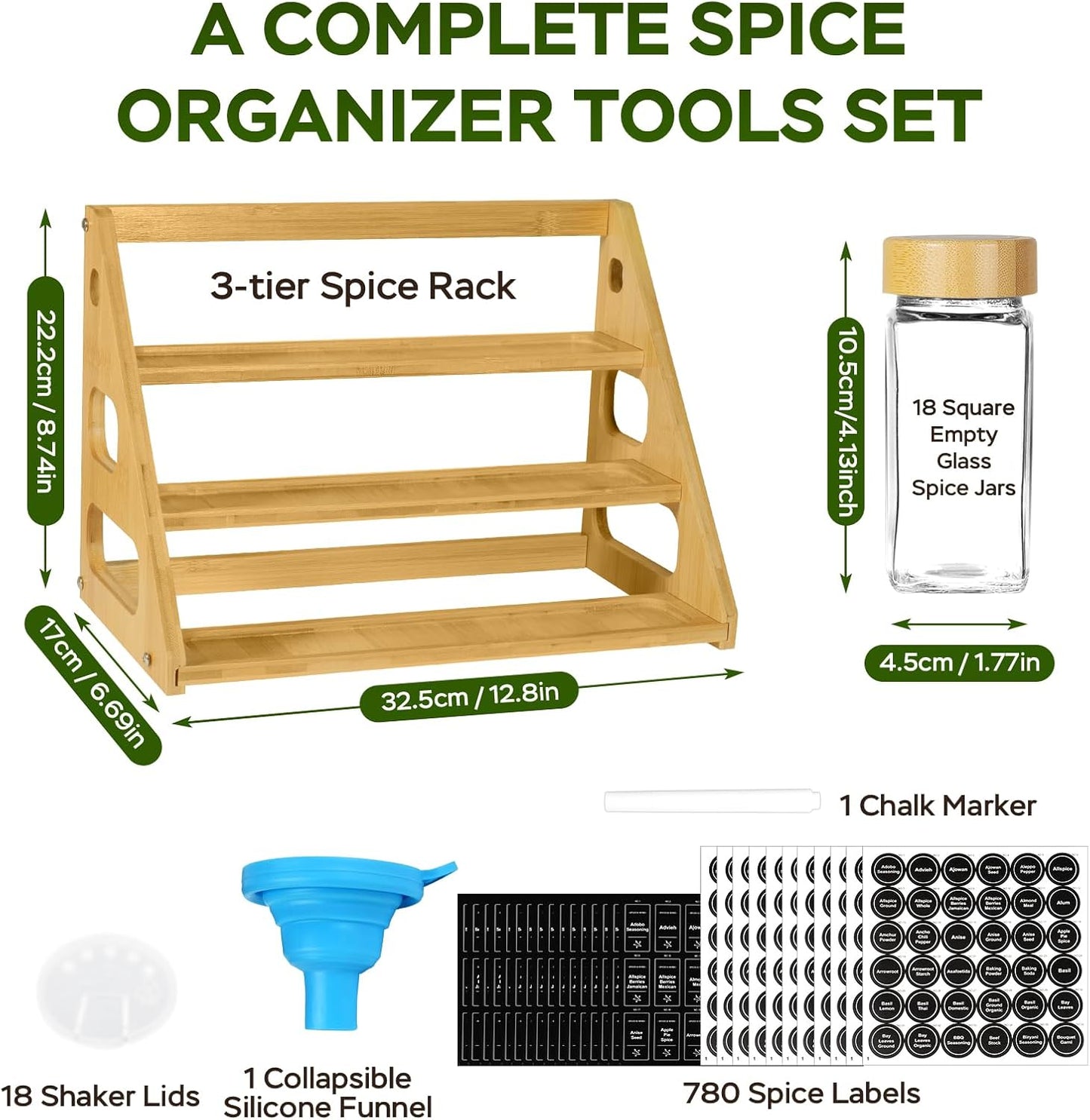 3 Tier Bamboo Spice Rack Organizer with 18 Spice Jars, 780 Labels, Wood Shelf, Chalk Marker and