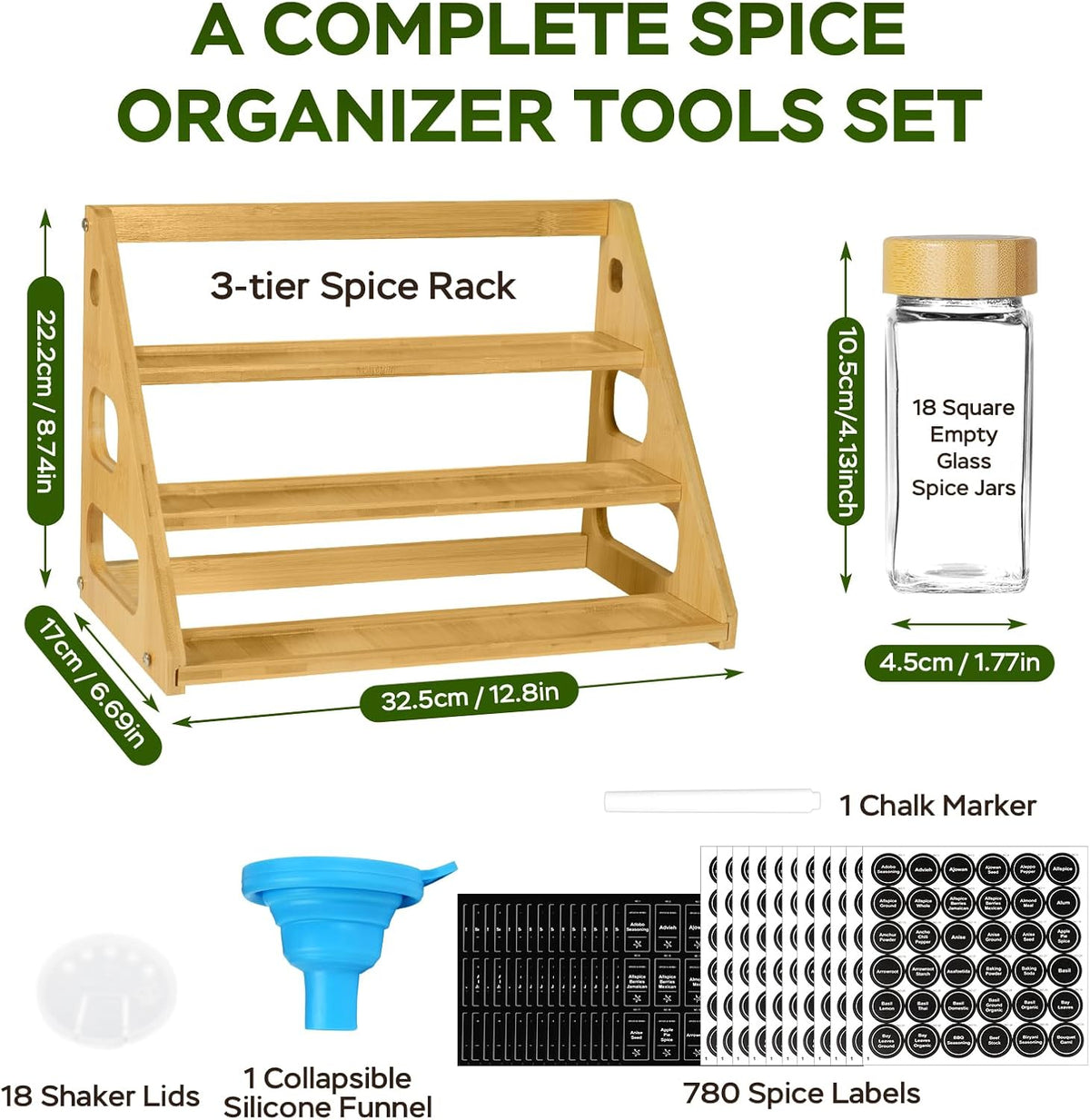 3 Tier Bamboo Spice Rack Organizer with 18 Spice Jars, 780 Labels, Wood Shelf, Chalk Marker and