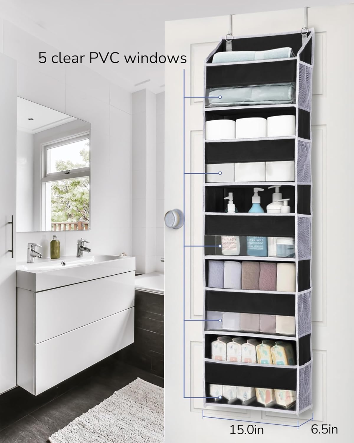 ULG 1 Pack Over The Door Organizer – 5 Shelf Door Organizer Hanging & 10 Side Pockets, Reinforced