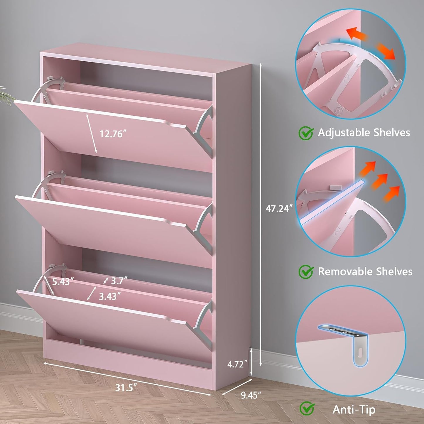 Shoe Cabinet with 3 Flip Drawers, Hidden Wood Shoe Cabinet,Freestanding Shoe Storage Cabinet for