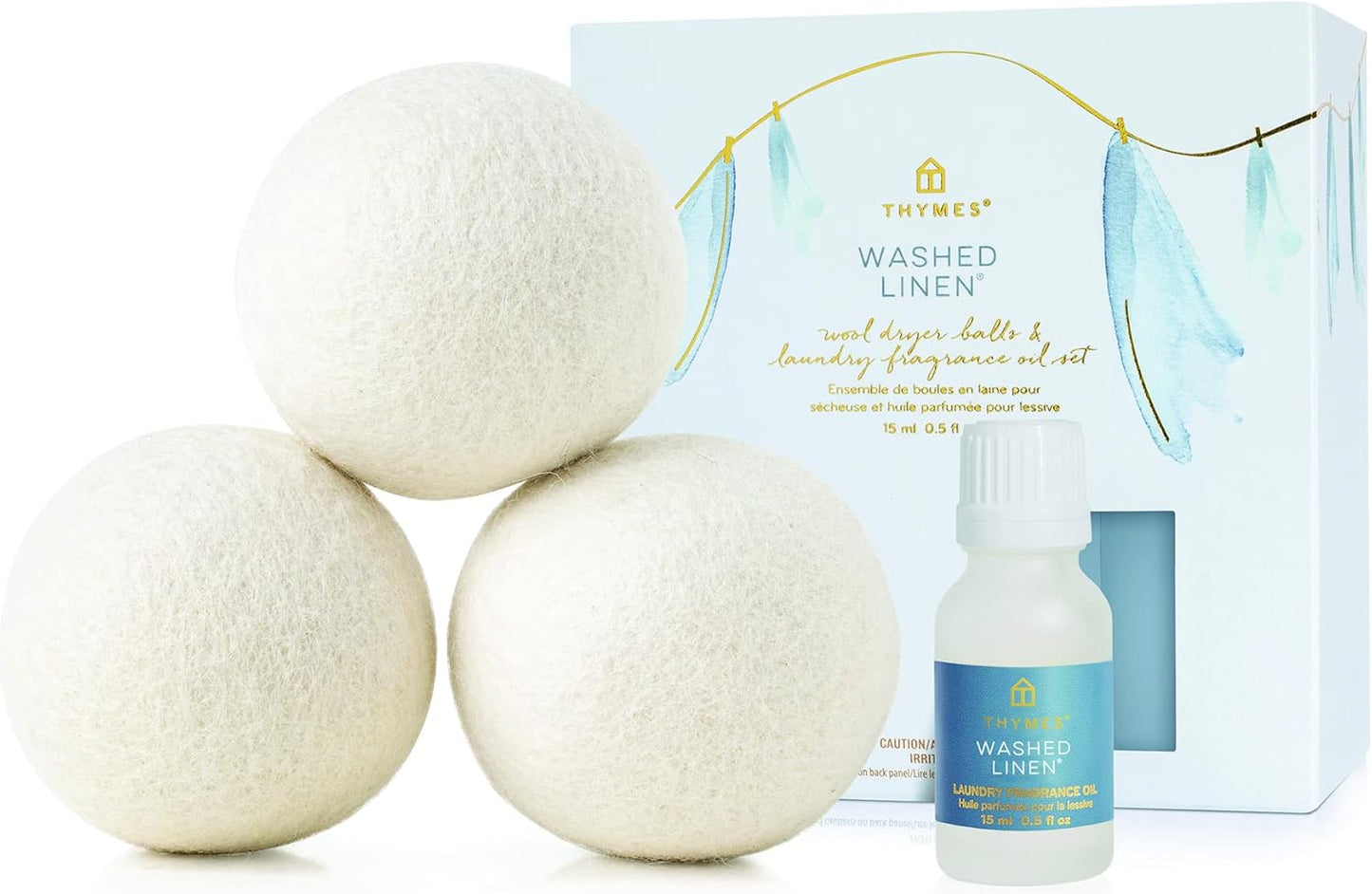 Thymes Wool Dryer Balls Set – Includes 3 Wool Laundry Balls + 1 Scented Laundry Fragrance Oil for