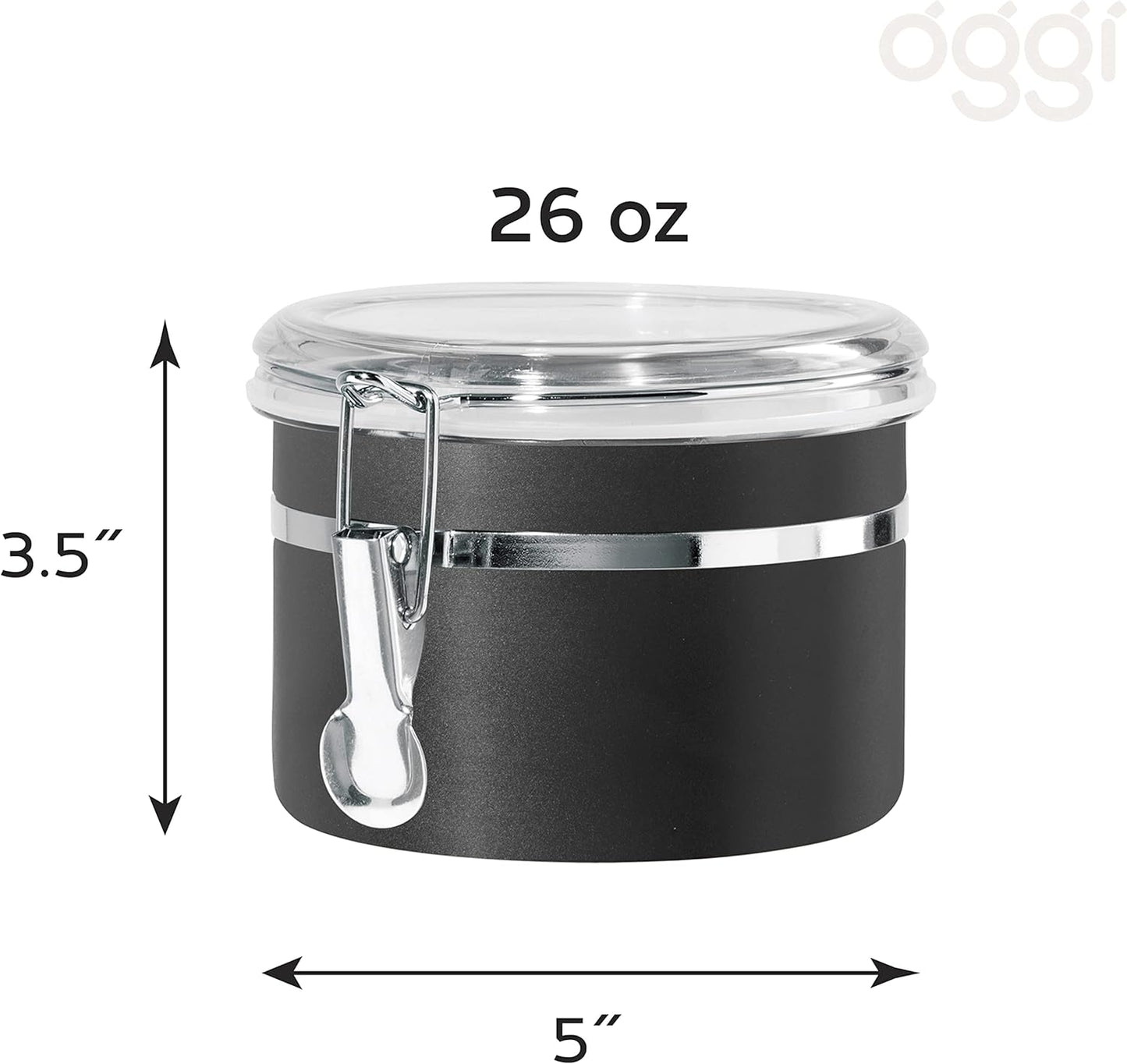 Oggi Stainless Steel Kitchen Canister 26 fl oz, Black - Airtight Clamp Lid, Clear See-Thru Top