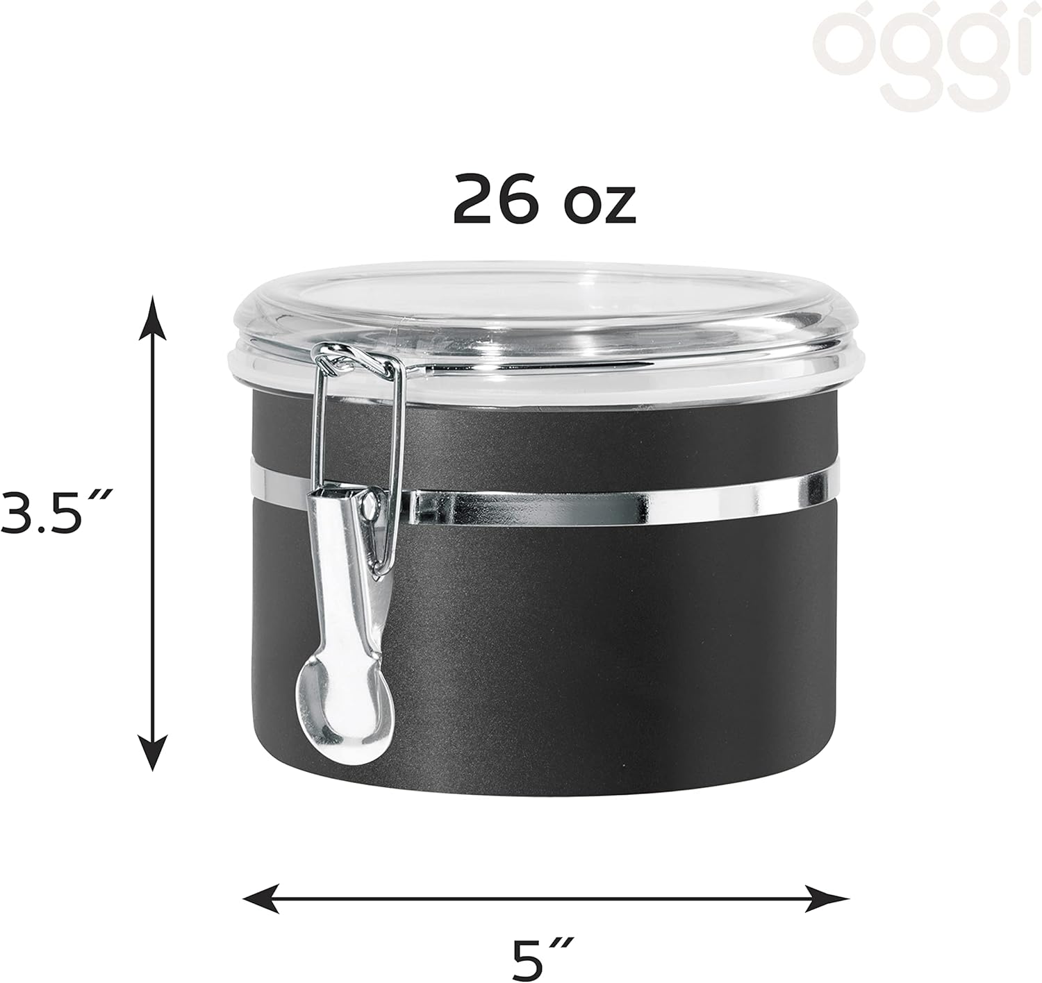 Oggi Stainless Steel Kitchen Canister 26 fl oz, Black - Airtight Clamp Lid, Clear See-Thru Top