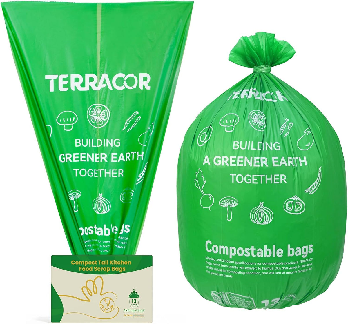 13 Gallon Compostable Trash Bags,50 Count, Heavy Duty Tall Kitchen Food Scrap Waste Bag,Certified