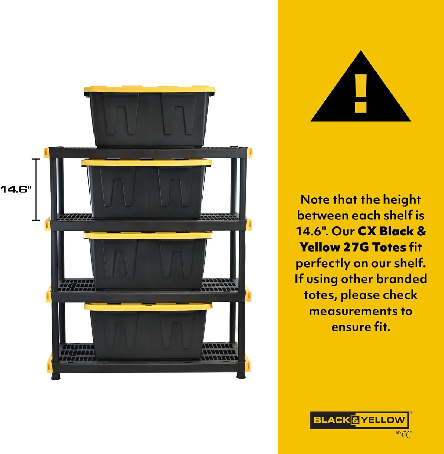 BLACK & YELLOW, 4-Tier Heavy Duty Plastic Storage Shelving Unit, 200lbs/shelf (55"H x 48"W x 20"D)