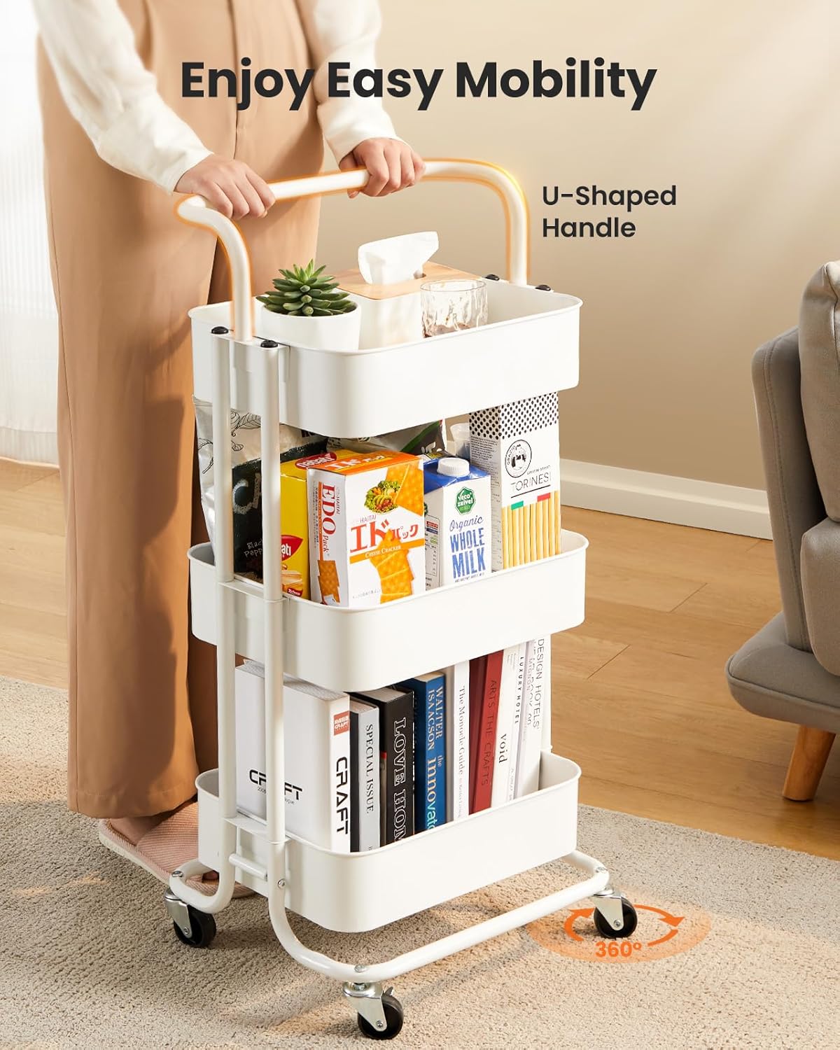 Pipishell 3 Tier Mesh Utility Cart, Rolling Metal Organization Cart with Handle and Lockable