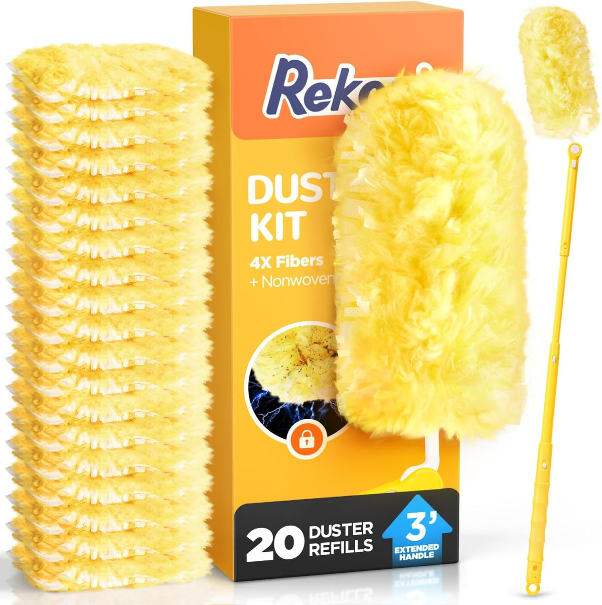 Heavy Duty Duster Refill Kit for Swiffer Duster with 3 ft Extension Pole & 20 Count Refills, 4X