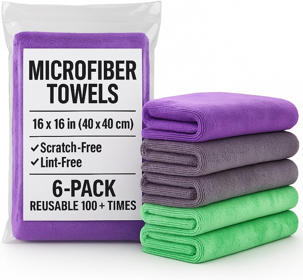 6 Pack Reusable Pak Details Micro Fiber Towels Car Detailing | 16x16 Ultra-Absorbent & Dual-Sided