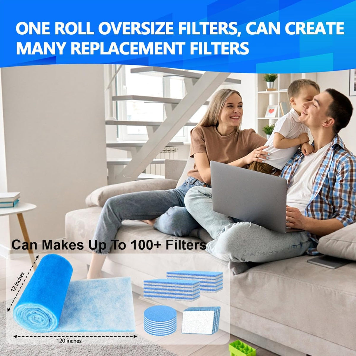 2 Rolls 12" x120" Air Vent Filters, Cut to Fit Air Filter (100+ Filters), MERV 8 Triple Vent Filter