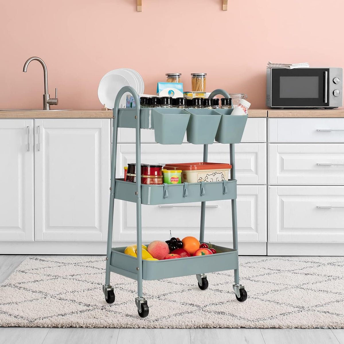 danpinera 3-Tier Rolling Cart, Metal Rolling Storage Cart with Lockable Wheels & Hanging Cups &