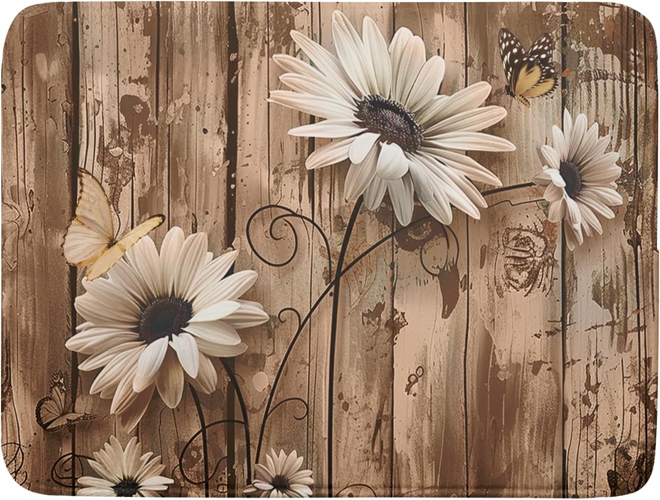 Summer Daisy Flowers Dish Drying Mat for Kitchen Counter 16x18in Rustic Wood Floral Kitchen Mat