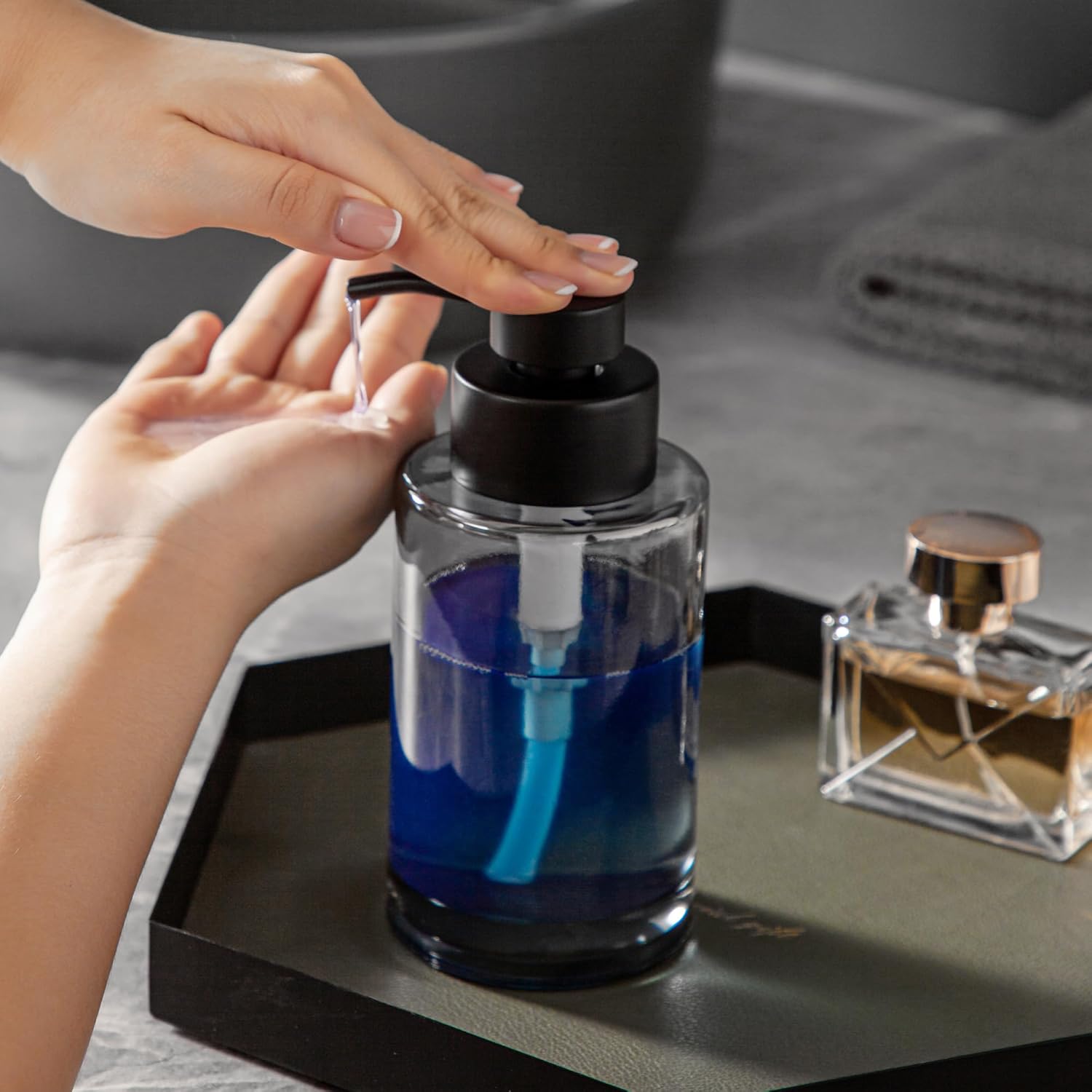 Enra Thick Glass Soap Dispenser with Stainless Steel Pump, 12oz Black Bathroom & Kitchen Hand