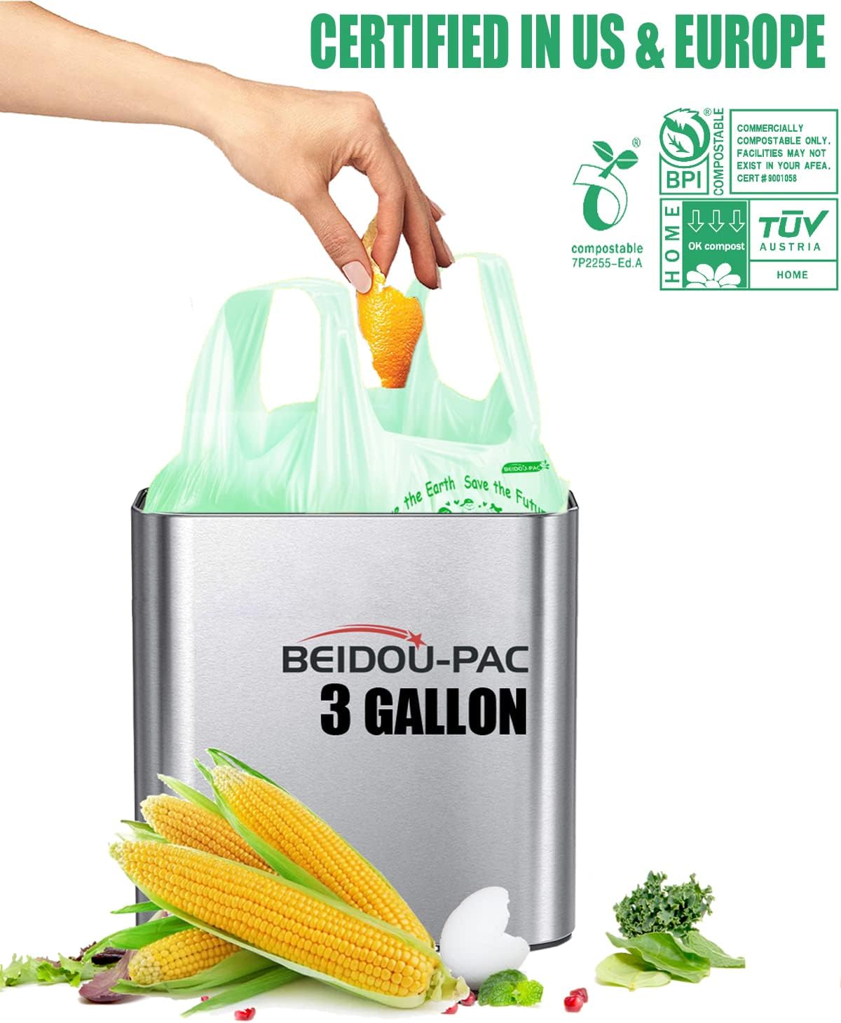 100% Compostable Trash Bags, 3 Gallon Compost Bags Small Kitchen Trash Bags with Handle, 200 Count