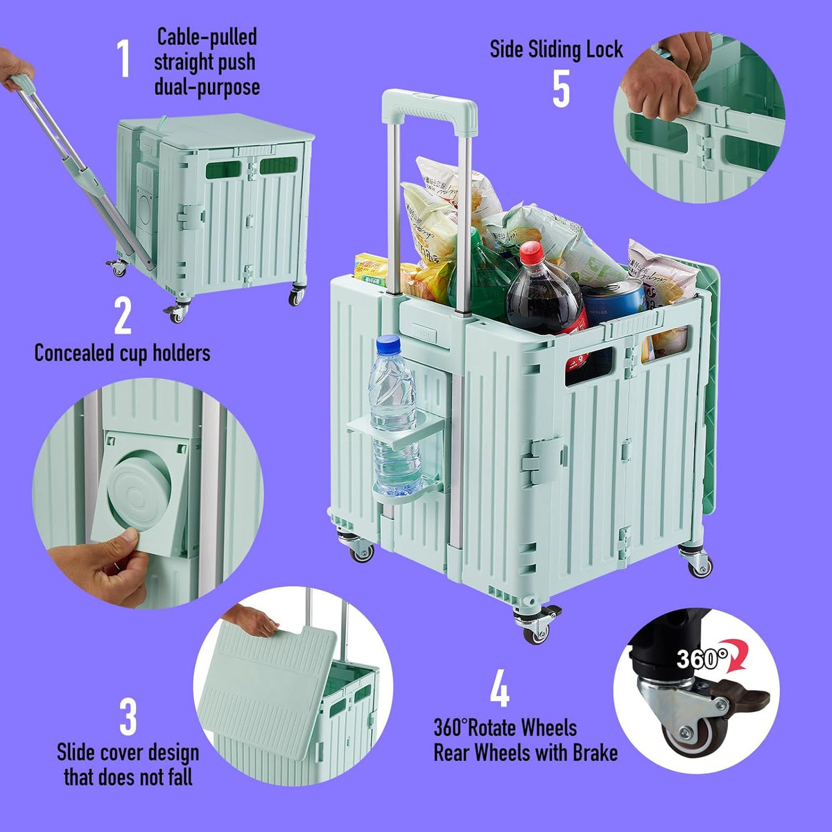 Folding Utility Cart Portable Rolling Crate Handcart Shopping Trolley Collapsible Tool Box, with
