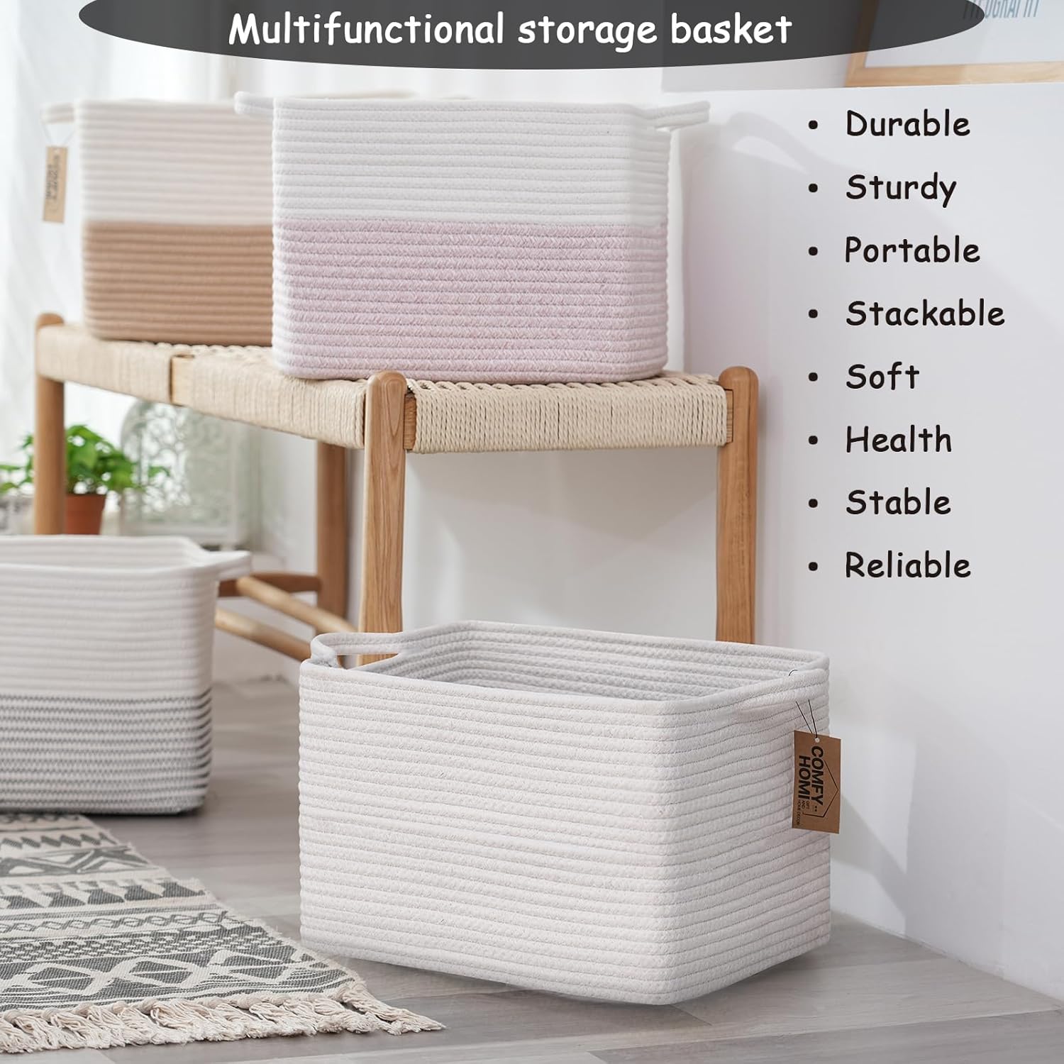 COMFY-HOMI 3PACK Cotton Rope Square Basket with Handles for Shelves|Dog Toy Basket Bin and