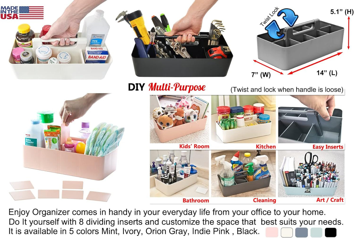 2 PACK Portable DIY 8 Dividers Durable Plastic Tote Tool & Supply Cleaning Caddy with Handle Made