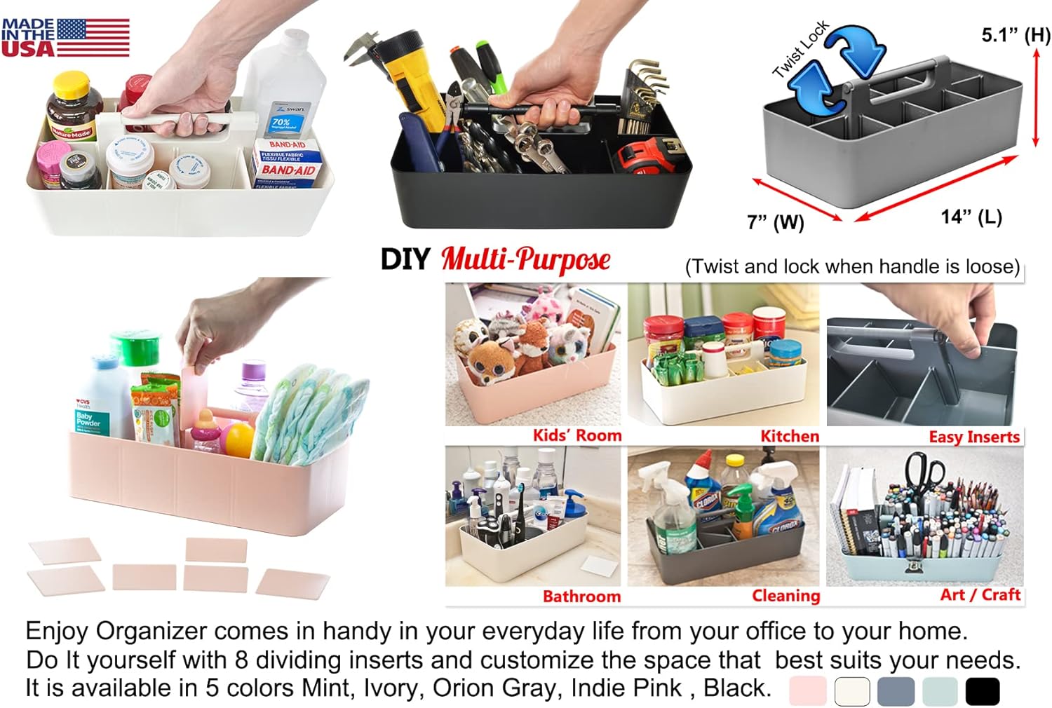 2 PACK Portable DIY 8 Dividers Durable Plastic Tote Tool & Supply Cleaning Caddy with Handle Made