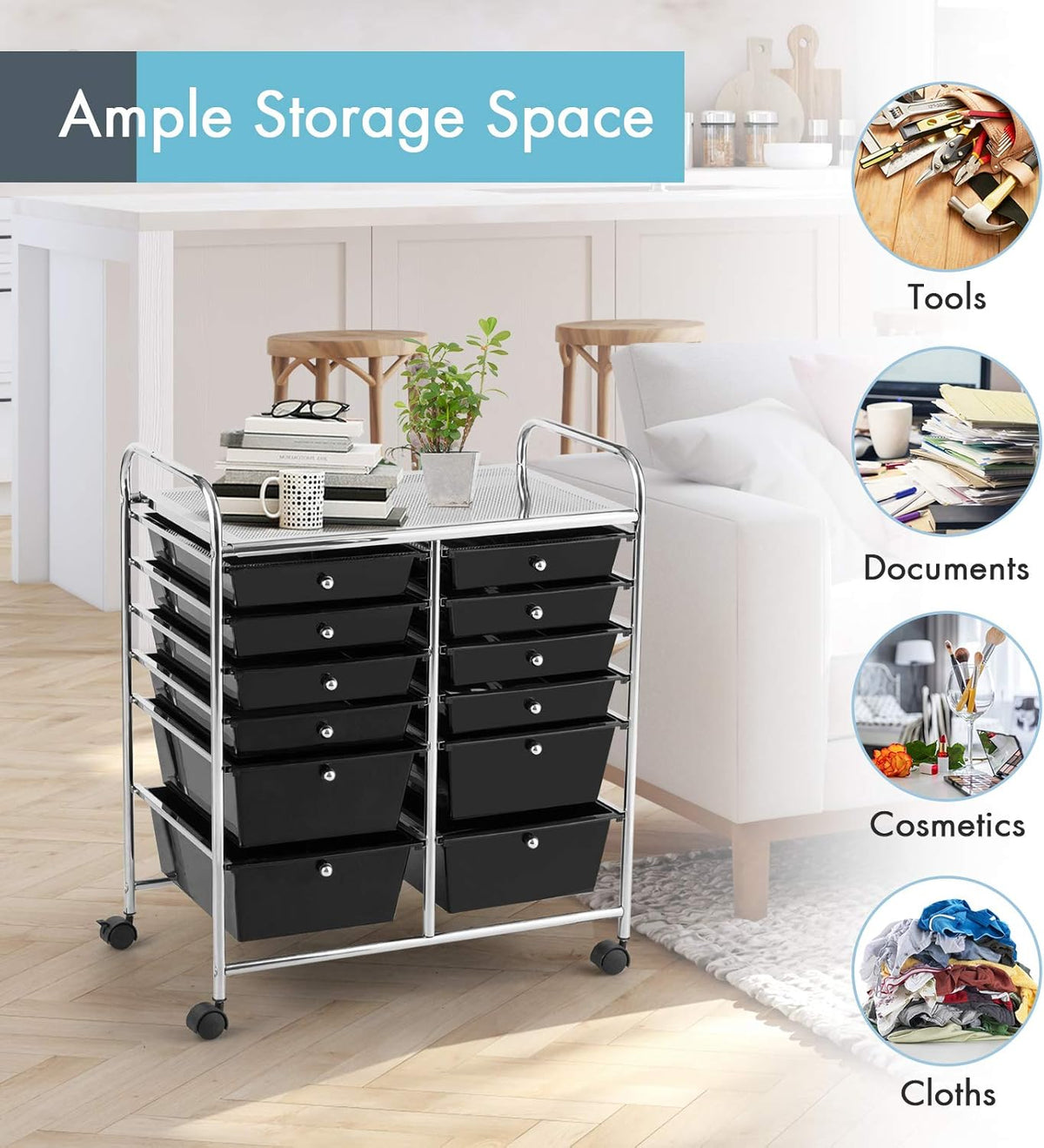 GOFLAME 12-Drawer Rolling Storage Cart, Multipurpose Organizer Cart with 2 Sizes Plastic Drawers
