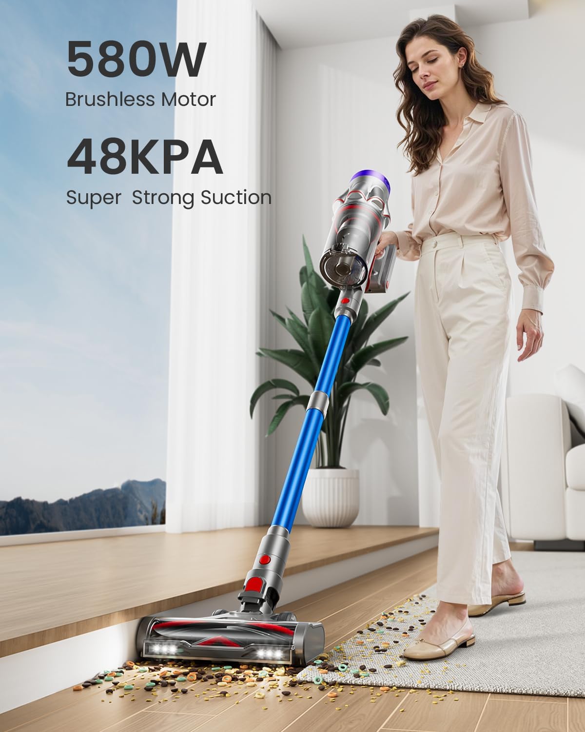Cordless Vacuum Cleaner, 48KPa 580W 65Mins Vacuum Cleaner for Home, Anti-Tangle Self-standing Stick