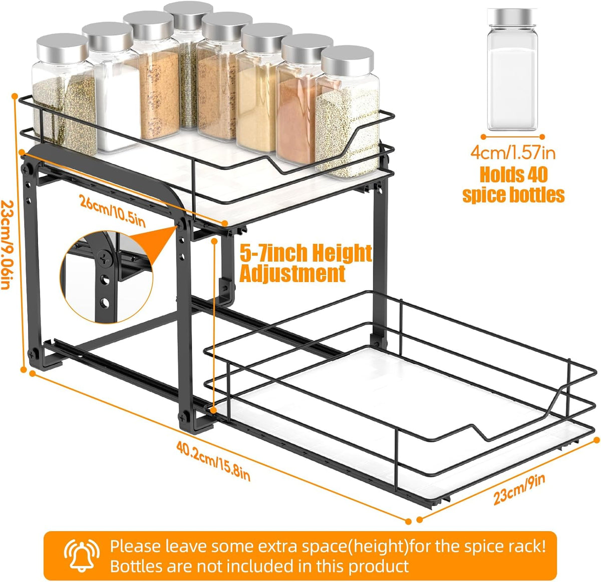 Spice Rack Organizer for Cabinet, 2 Tier Vertical Pull Out Spice Rack – Heavy Duty Metal Spice