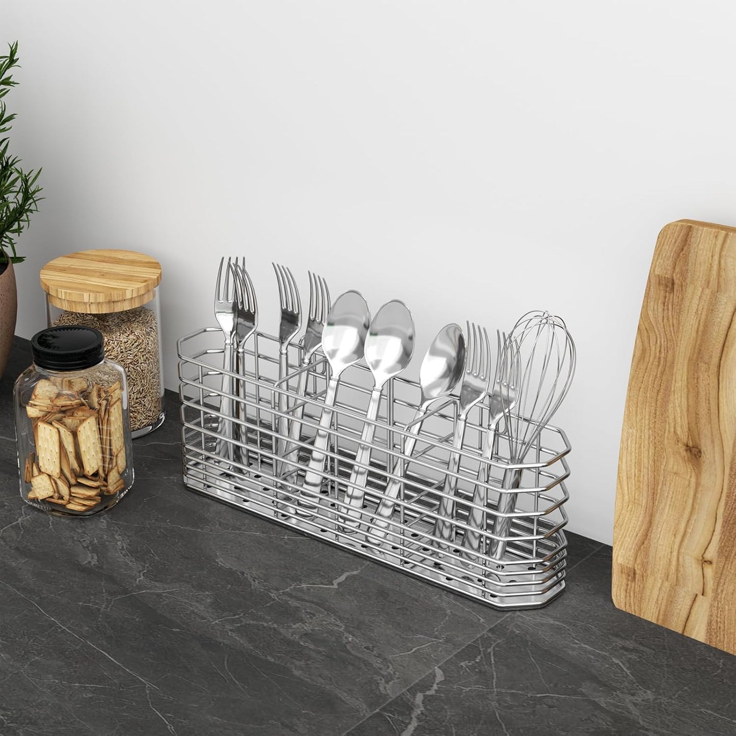 304 Stainless Steel Utensil Holder, Silverware Drying Rack with Hooks for Dish Drainer, Knife and